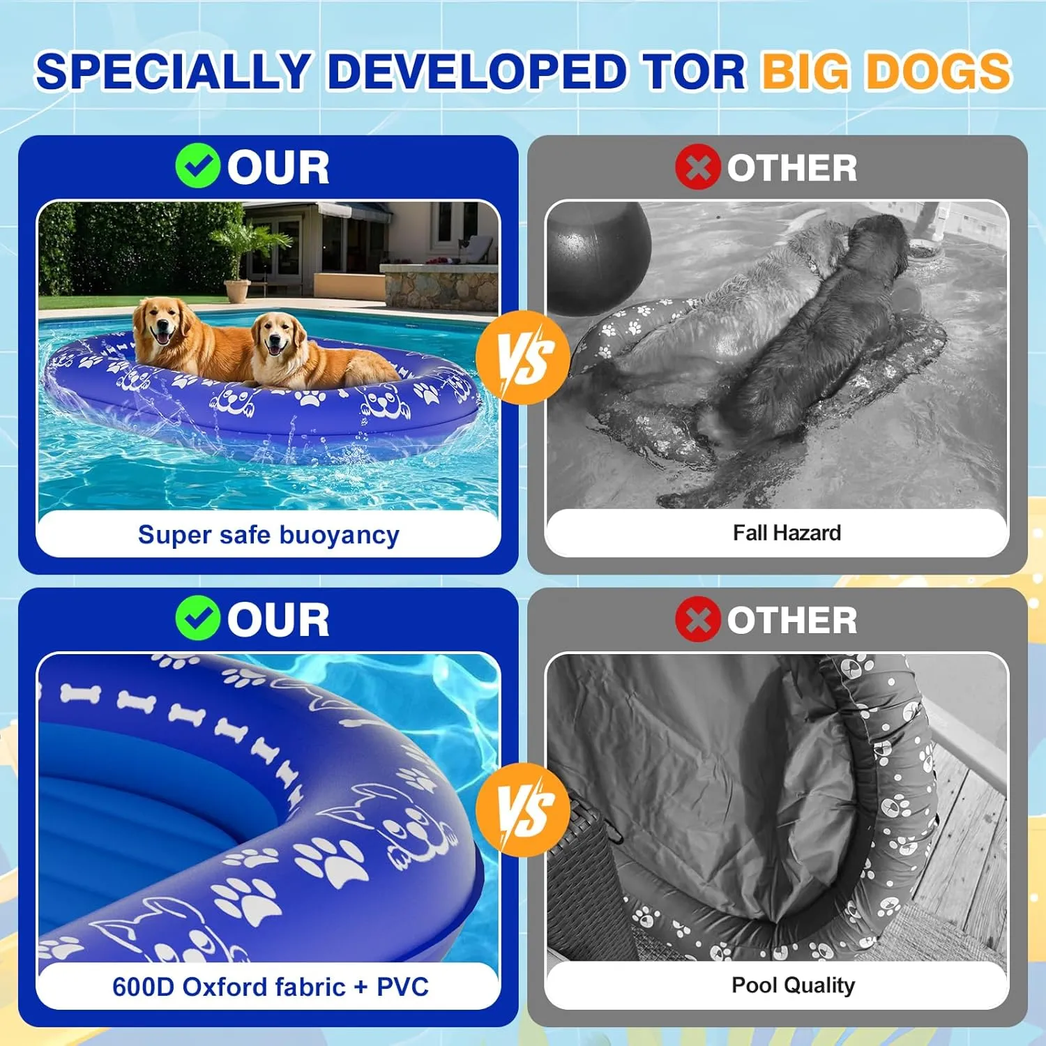 60''x42'' Pool Float for Dogs, Non-Slip Pet Floating Mat for Pool, Extra Large Inflatable Raft for Small/Medium/Large Dogs Up to 200lb, Lake & River - Heavy-Duty PVC, Scratch-Resistant Design