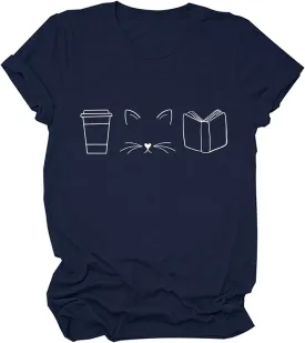 Bookish Shirts Women Cute Cats Coffee Books Graphic Tees Tshirt Summer Teacher Short Sleeve Tops Pet Lover T-Shirt