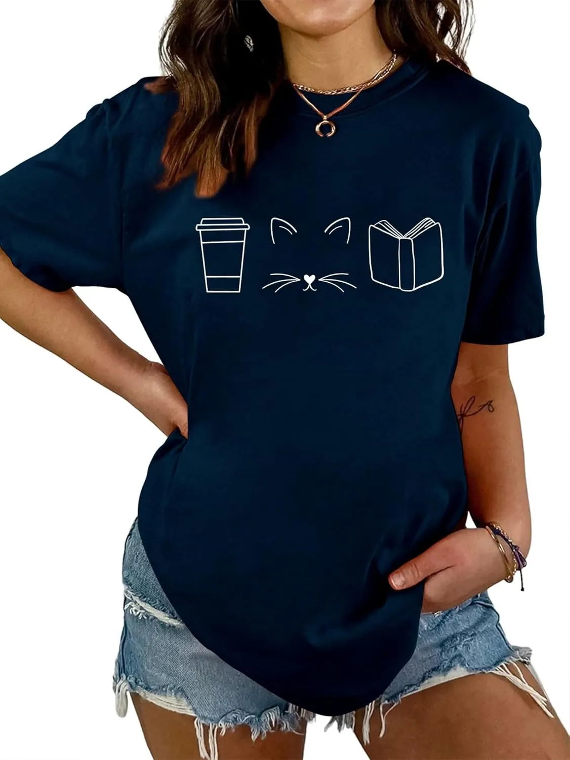 Bookish Shirts Women Cute Cats Coffee Books Graphic Tees Tshirt Summer Teacher Short Sleeve Tops Pet Lover T-Shirt