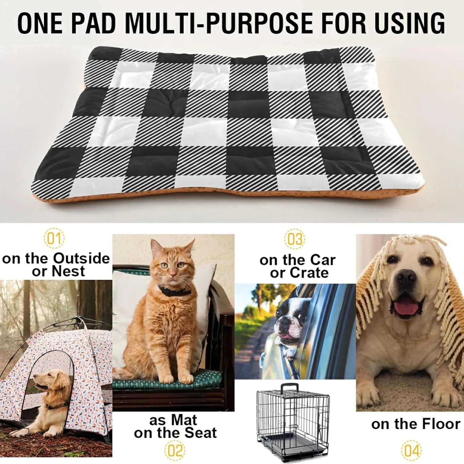 Buffalo Plaid Dog Bed Mat Black and White Pet Kennel Beds Washable Cat Beds Crate Pad Pets Sleeping Mattress for Large Medium Small Dogs 24 x18 Inch