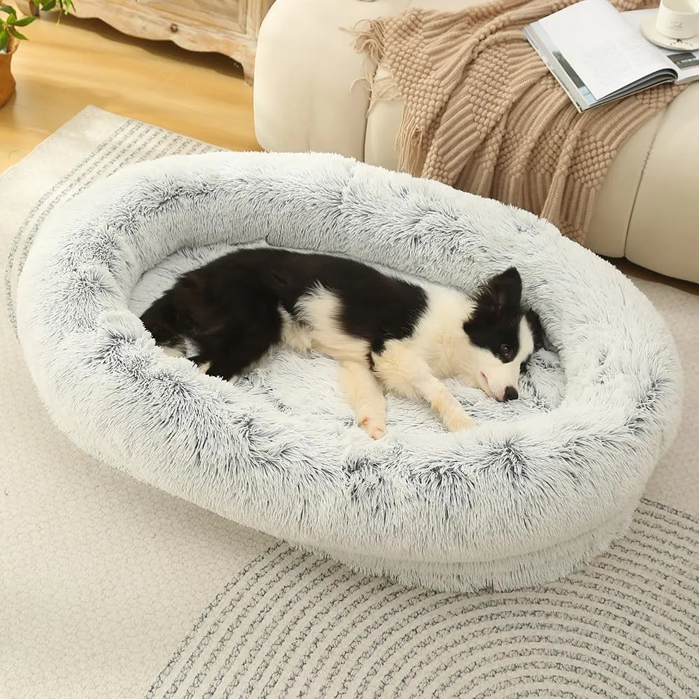 Calming Dog Bed, Memory Foam Bolster, Luxurious Faux Fur, Cozy Oval Design, Machine Washable Cover, Light Grey (47.2" x 33.5" x 9.8")