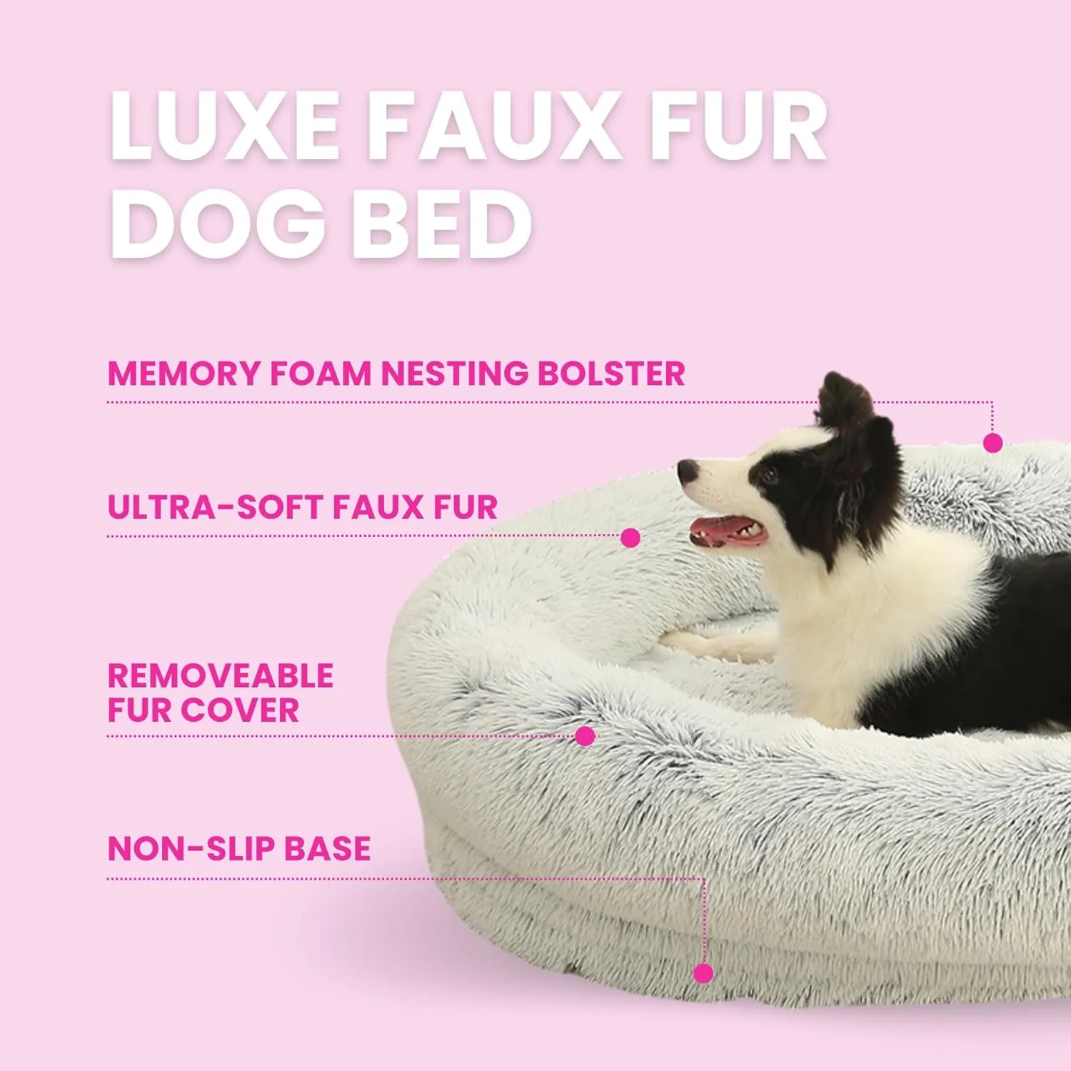 Calming Dog Bed, Memory Foam Bolster, Luxurious Faux Fur, Cozy Oval Design, Machine Washable Cover, Light Grey (47.2" x 33.5" x 9.8")