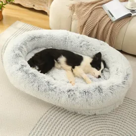 Calming Dog Bed, Memory Foam Bolster, Luxurious Faux Fur, Cozy Oval Design, Machine Washable Cover, Light Grey (47.2" x 33.5" x 9.8")
