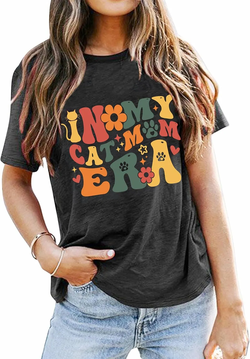 Cat Mom Shirts Women in My Cat Mom Era T-Shirt Funny Mama Life Pet Lover Cat Graphic Short Sleeve Tee Tops