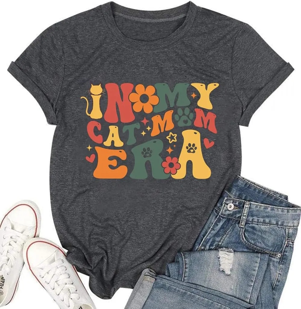 Cat Mom Shirts Women in My Cat Mom Era T-Shirt Funny Mama Life Pet Lover Cat Graphic Short Sleeve Tee Tops