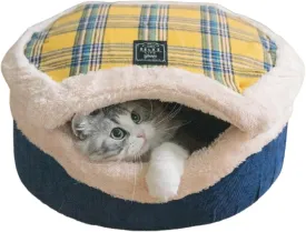 Cat Plaid Cave Bed, Plush Warm Calming Hideaway Nest with Detachable Lid & Mat, Snug Enclosed House for Indoor Kitten (Yellow)