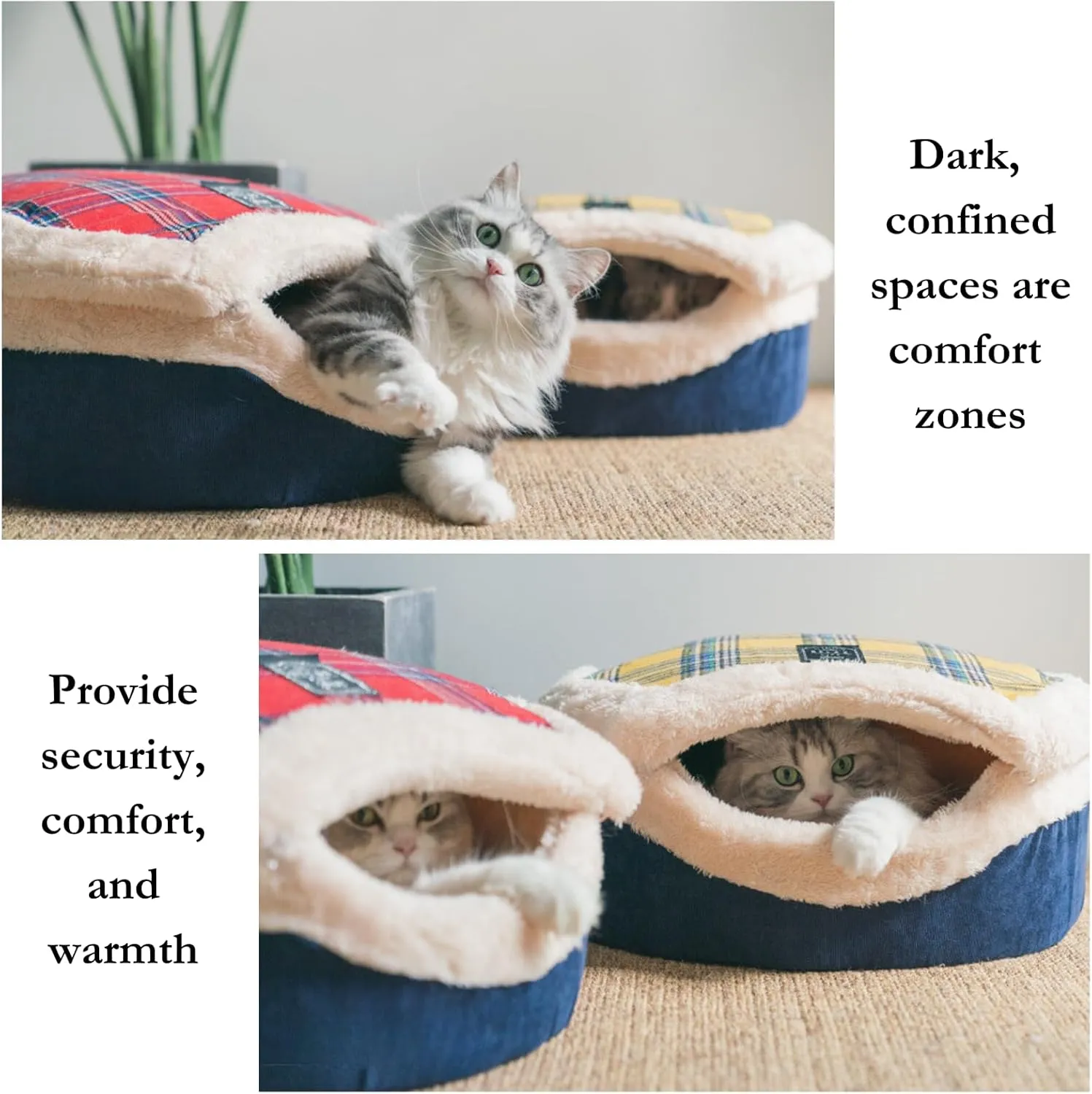 Cat Plaid Cave Bed, Plush Warm Calming Hideaway Nest with Detachable Lid & Mat, Snug Enclosed House for Indoor Kitten (Yellow)