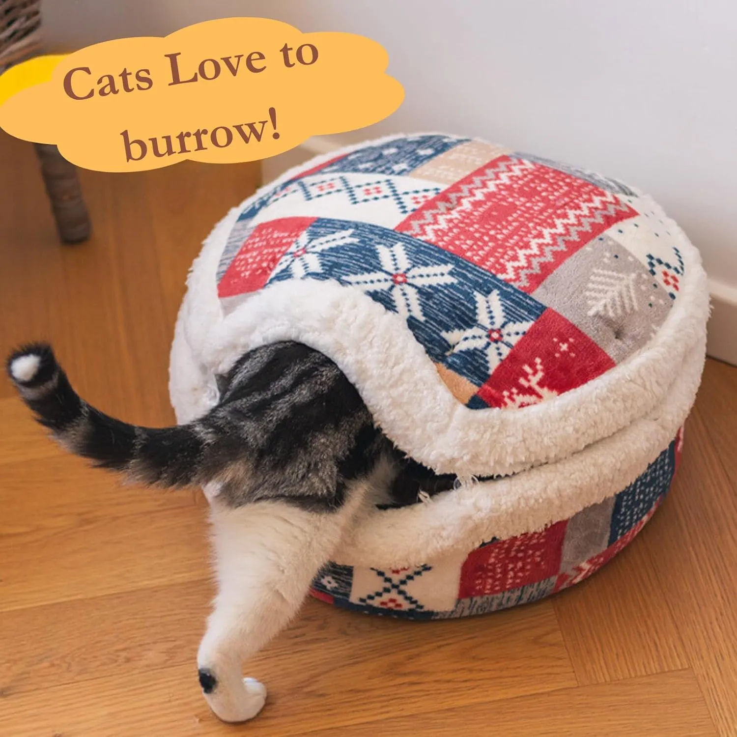 Cat Plaid Cave Bed, Plush Warm Calming Hideaway Nest with Detachable Lid & Mat, Snug Enclosed House for Indoor Kitten (Yellow)
