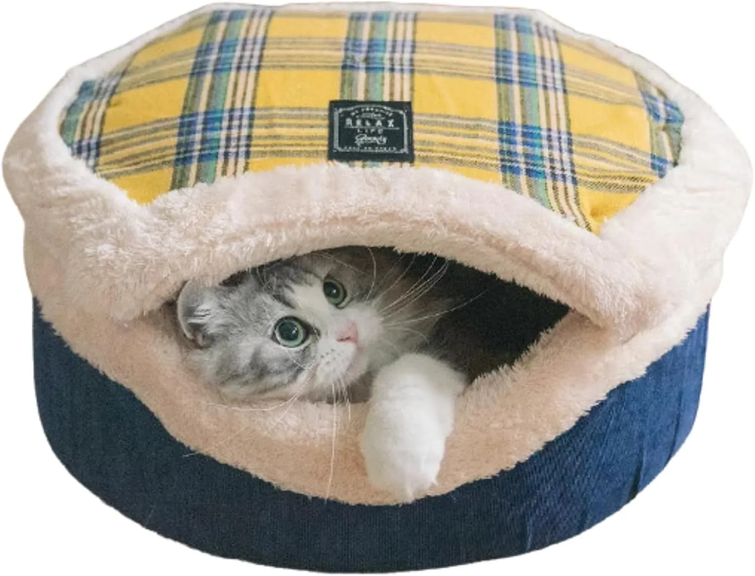 Cat Plaid Cave Bed, Plush Warm Calming Hideaway Nest with Detachable Lid & Mat, Snug Enclosed House for Indoor Kitten (Yellow)