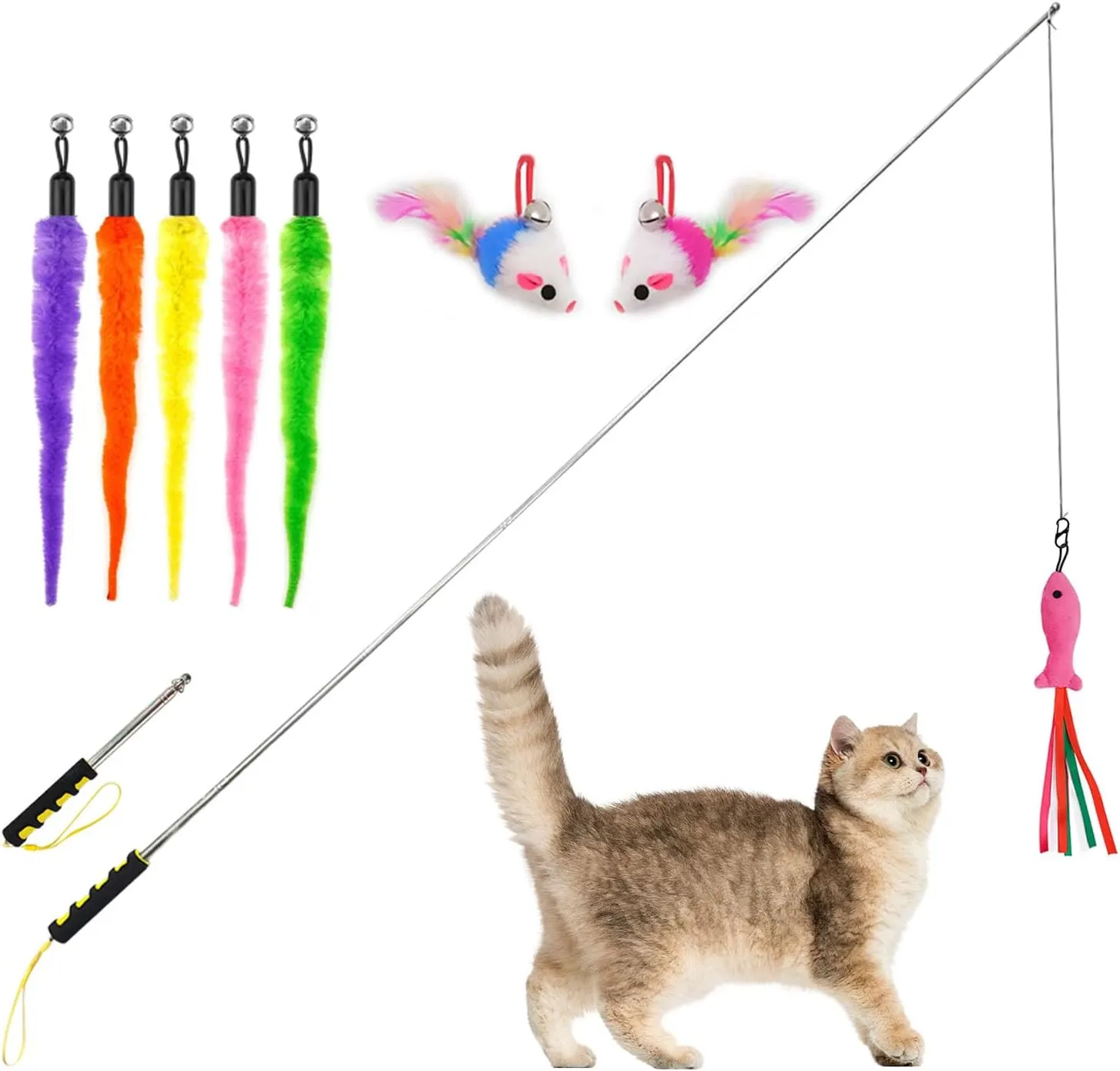 Cat Wand Toys,Cat Toys Interactive for Indoor Cats, 2 Retractable Cat Wand,8 Pcs Plush Cat Teaser Toys Refills for Indoor Cats to Chase and Exercise