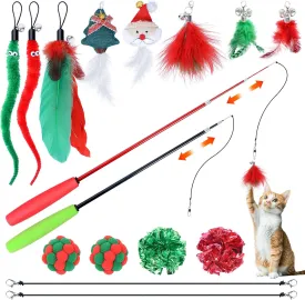 Christmas Cat Toys - 16 PCS Interactive Wand Toy for Indoor Cats, 2 Retractable Wands, 8 Replacement Teasers, 4 Scratching Balls, Feather Toy for Play Chase Exercise With Kitten