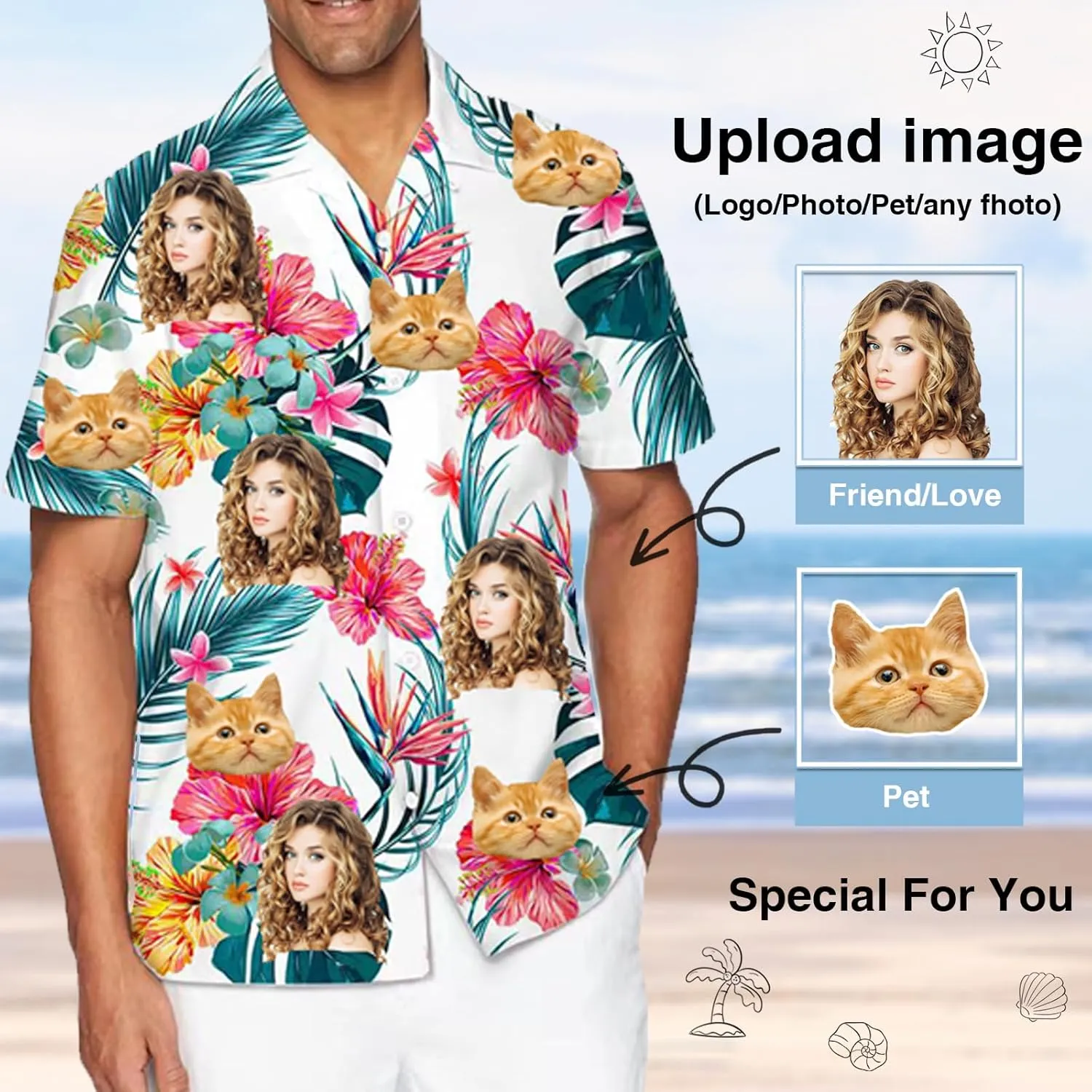 Custom Hawaiian Shirt with Face Pet Face Logo Custom T Shirts Personalized Button Up Shirts for Men Fathers Birthday Gift