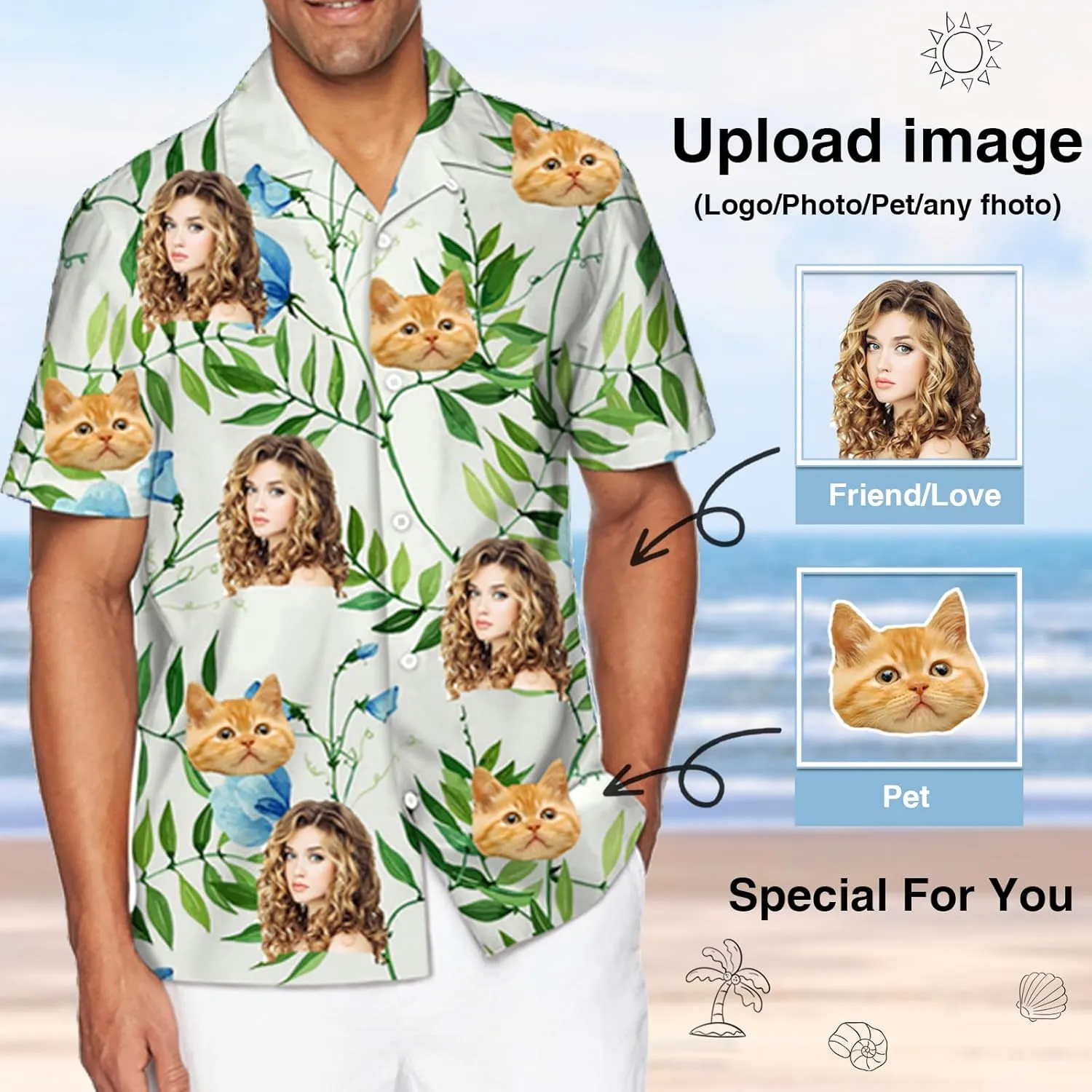 Custom Hawaiian Shirt with Face Pet Face Logo Custom T Shirts Personalized Button Up Shirts for Men Fathers Birthday Gift