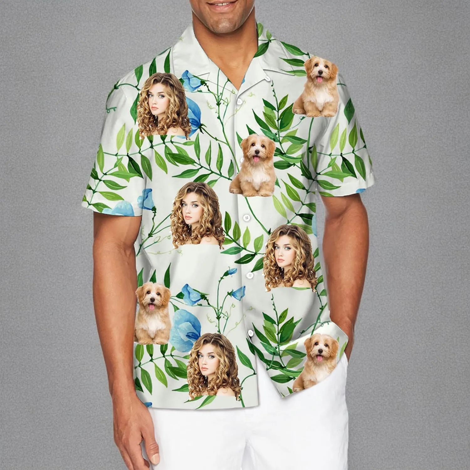 Custom Hawaiian Shirt with Face Pet Face Logo Custom T Shirts Personalized Button Up Shirts for Men Fathers Birthday Gift