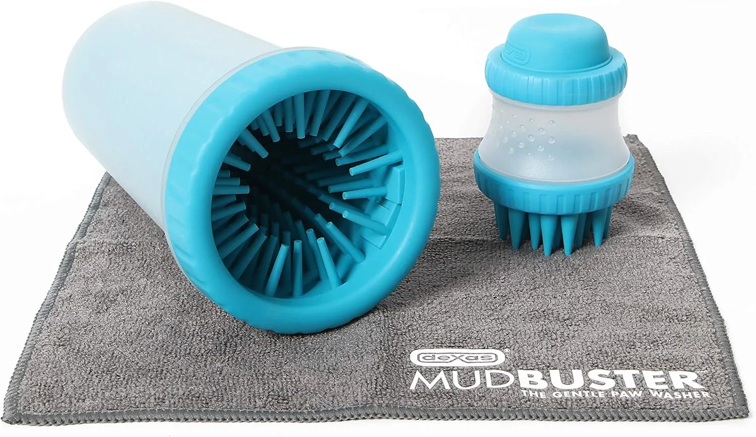 Dexas MudBuster Portable Pet Cleaning Kit with Dog Paw Washer, Pet Bathing Brush, Microfiber Towel, Large, Blue