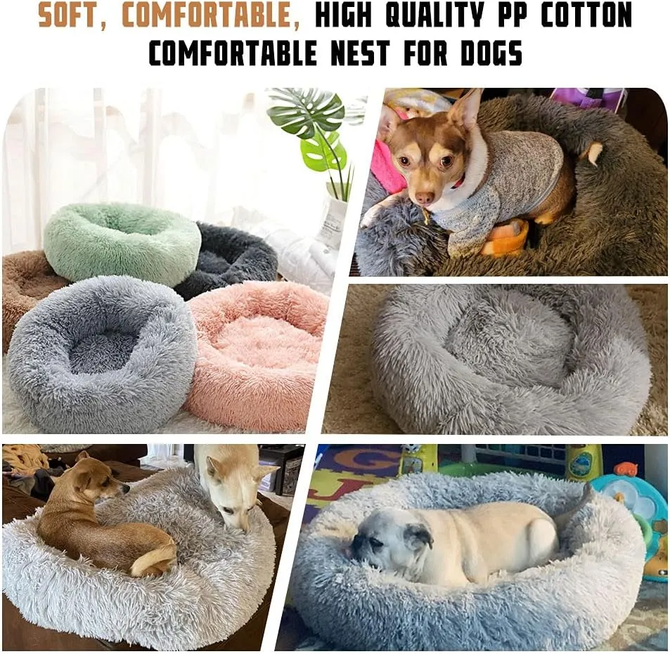 Dog Calming Beds for Small Medium Large Dogs - Round Donut Washable Puppy Dog Bed, Anti-Slip Faux Fur Fluffy Donut Cuddle Anxiety Cat Pet Bed(20" Dark Grey)