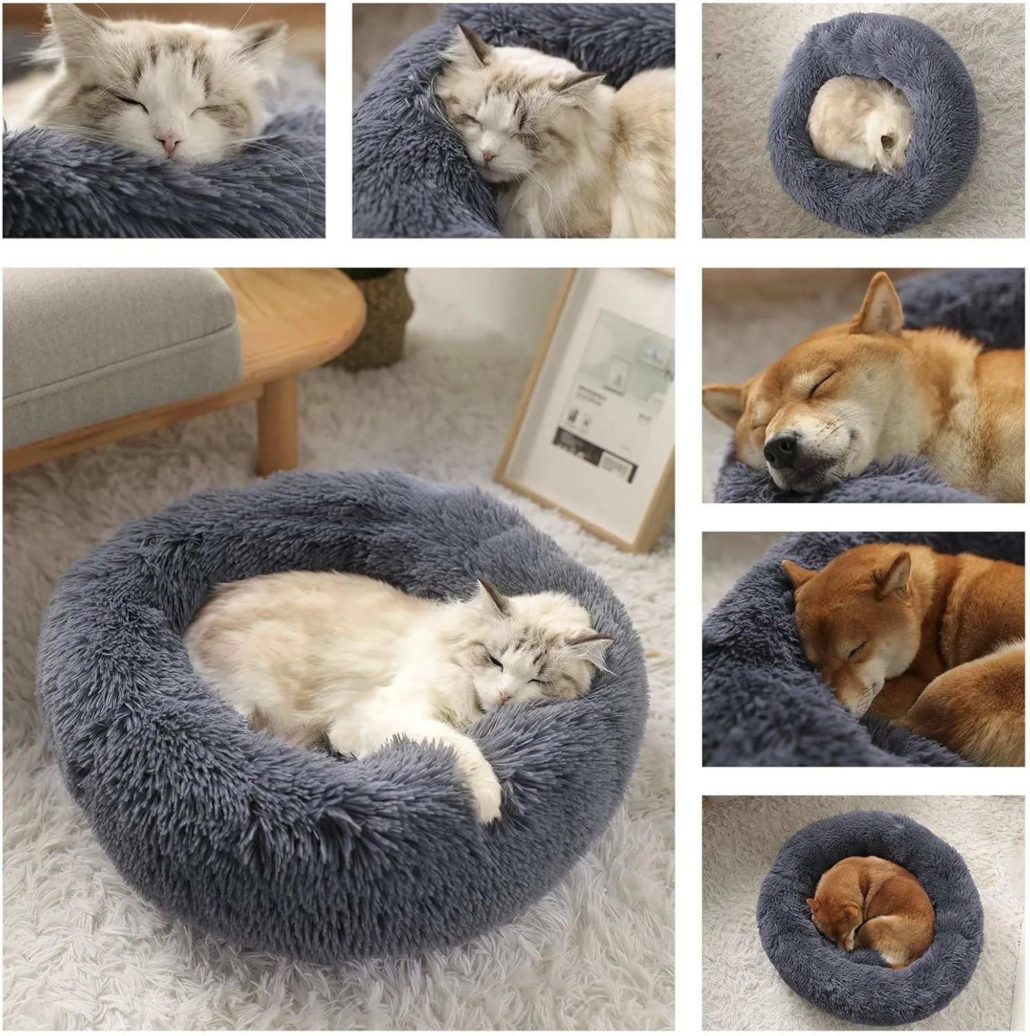 Dog Calming Beds for Small Medium Large Dogs - Round Donut Washable Puppy Dog Bed, Anti-Slip Faux Fur Fluffy Donut Cuddle Anxiety Cat Pet Bed(20" Dark Grey)