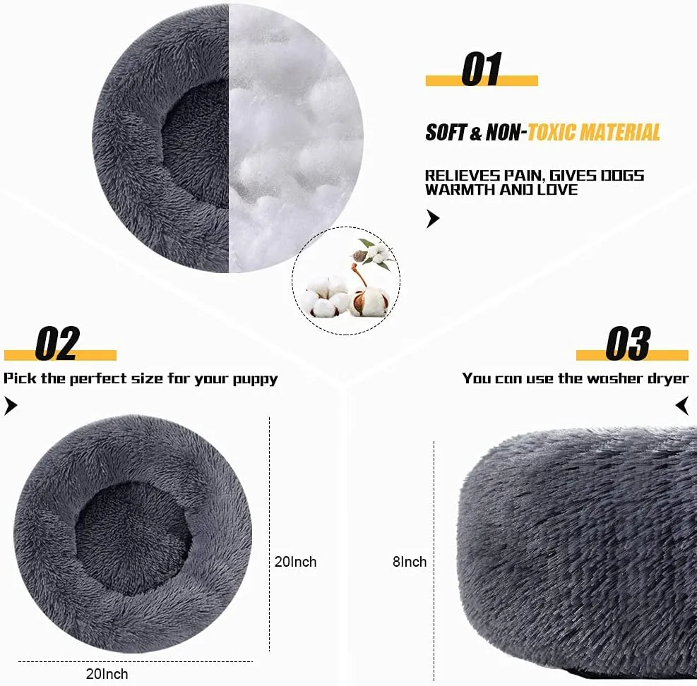 Dog Calming Beds for Small Medium Large Dogs - Round Donut Washable Puppy Dog Bed, Anti-Slip Faux Fur Fluffy Donut Cuddle Anxiety Cat Pet Bed(20" Dark Grey)