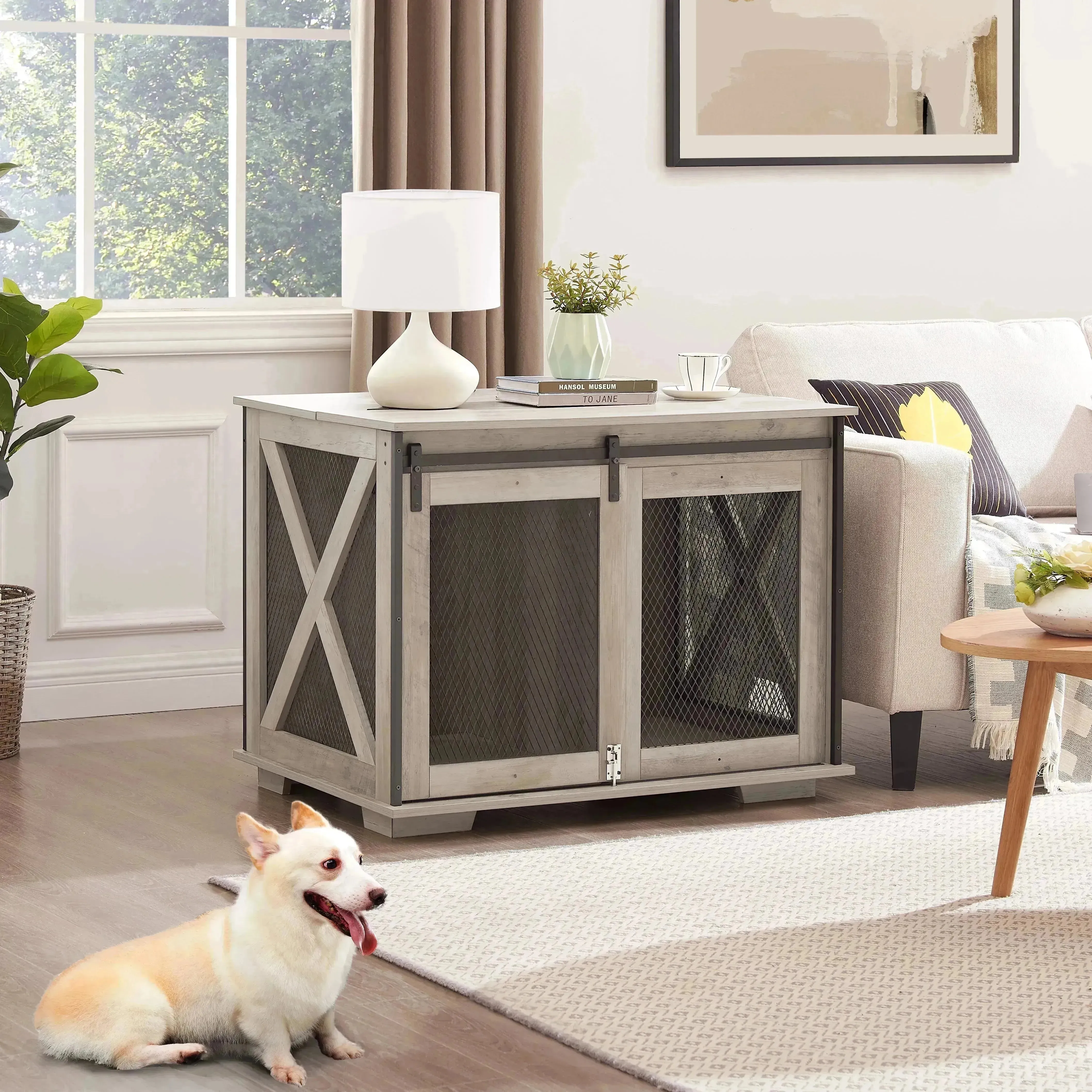 Farmhouse Dog Crate with Sliding Barn Door, Gray Wash