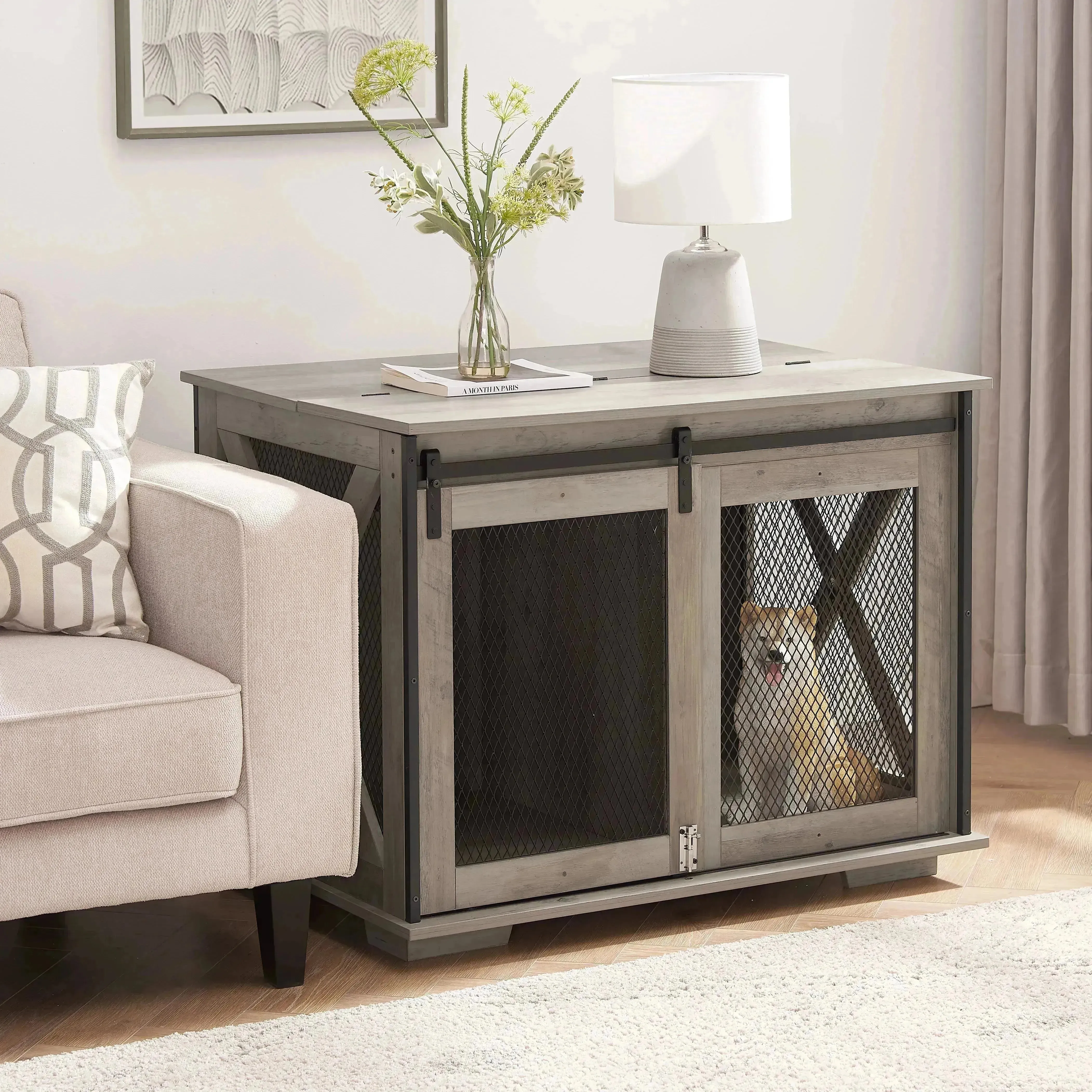 Farmhouse Dog Crate with Sliding Barn Door, Gray Wash