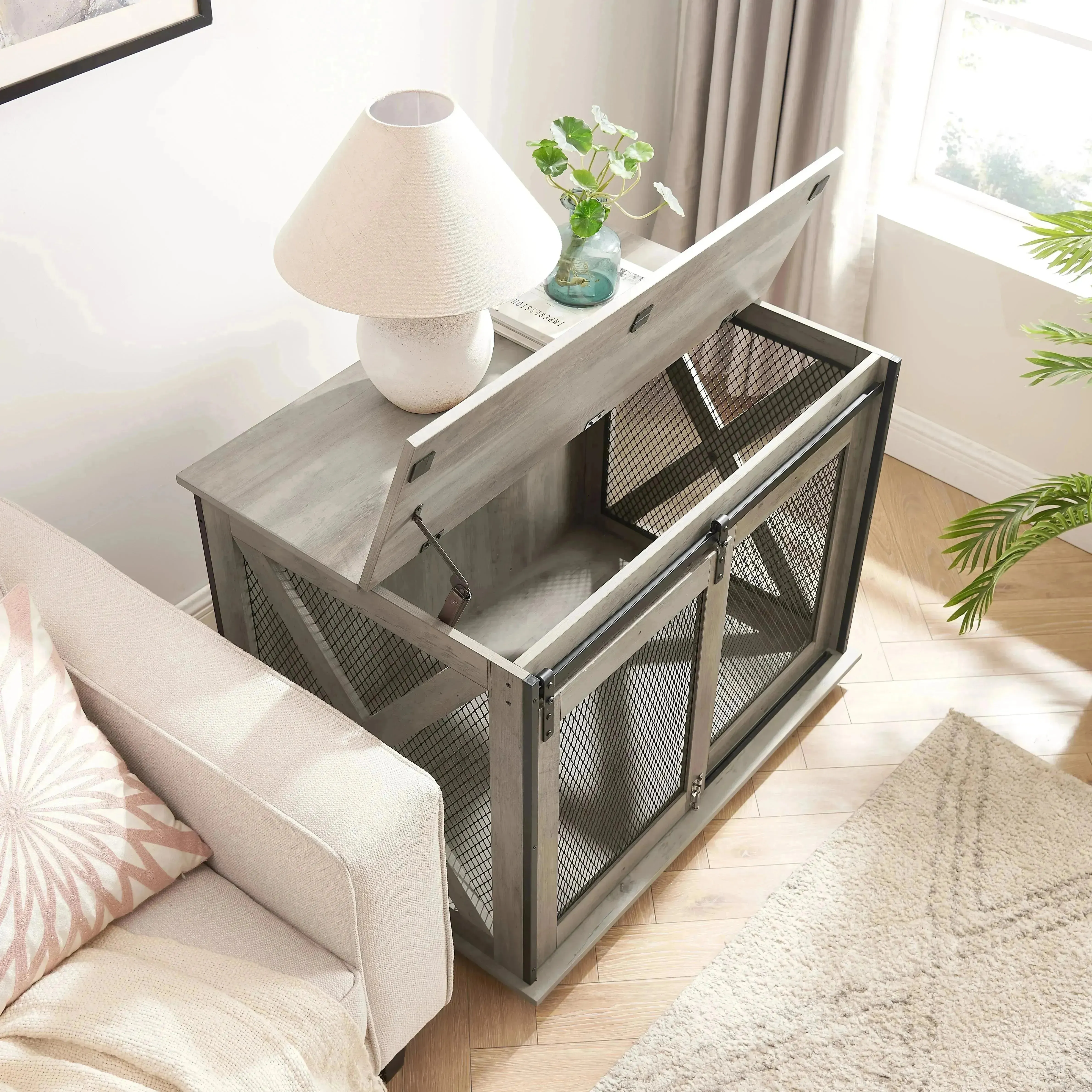 Farmhouse Dog Crate with Sliding Barn Door, Gray Wash