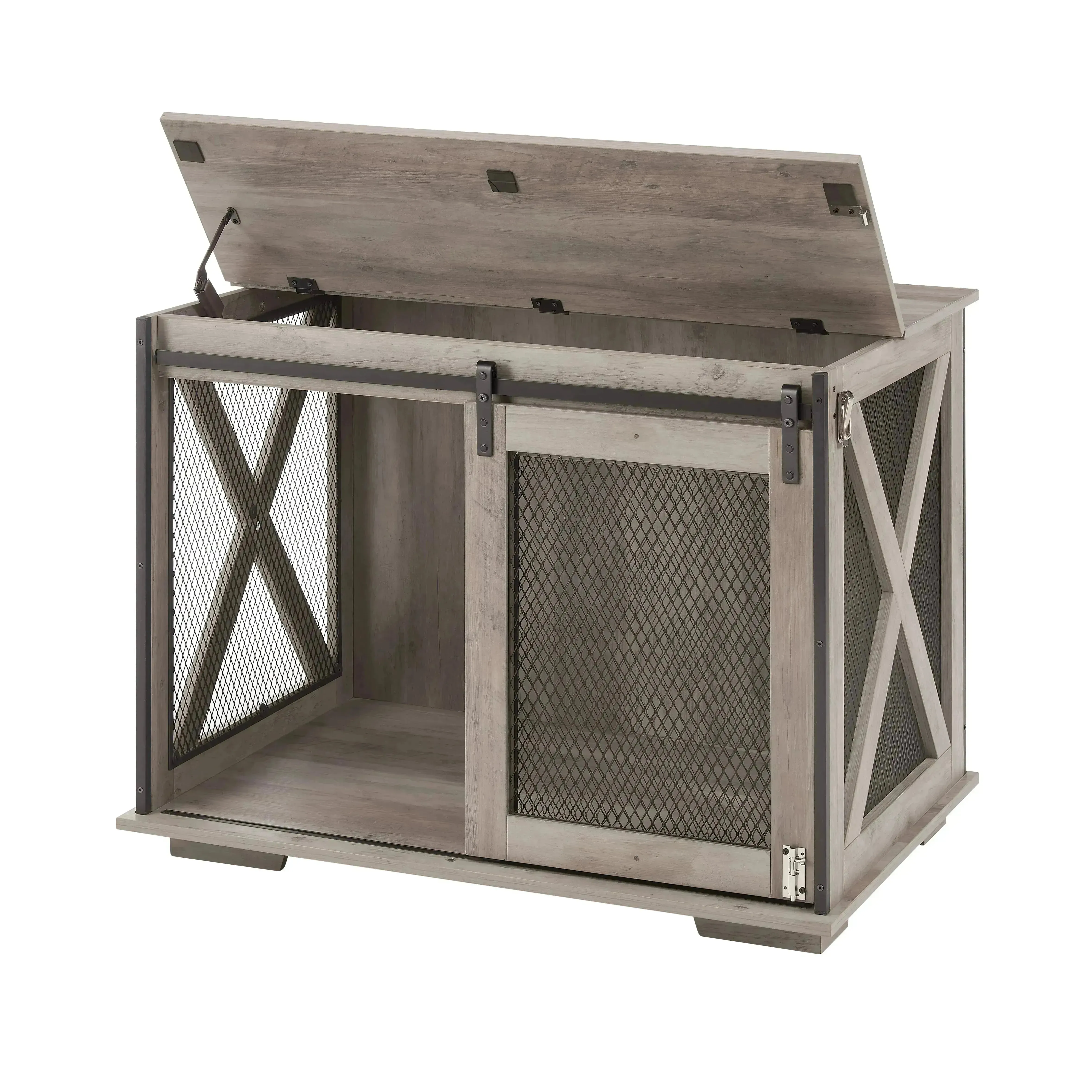 Farmhouse Dog Crate with Sliding Barn Door, Gray Wash