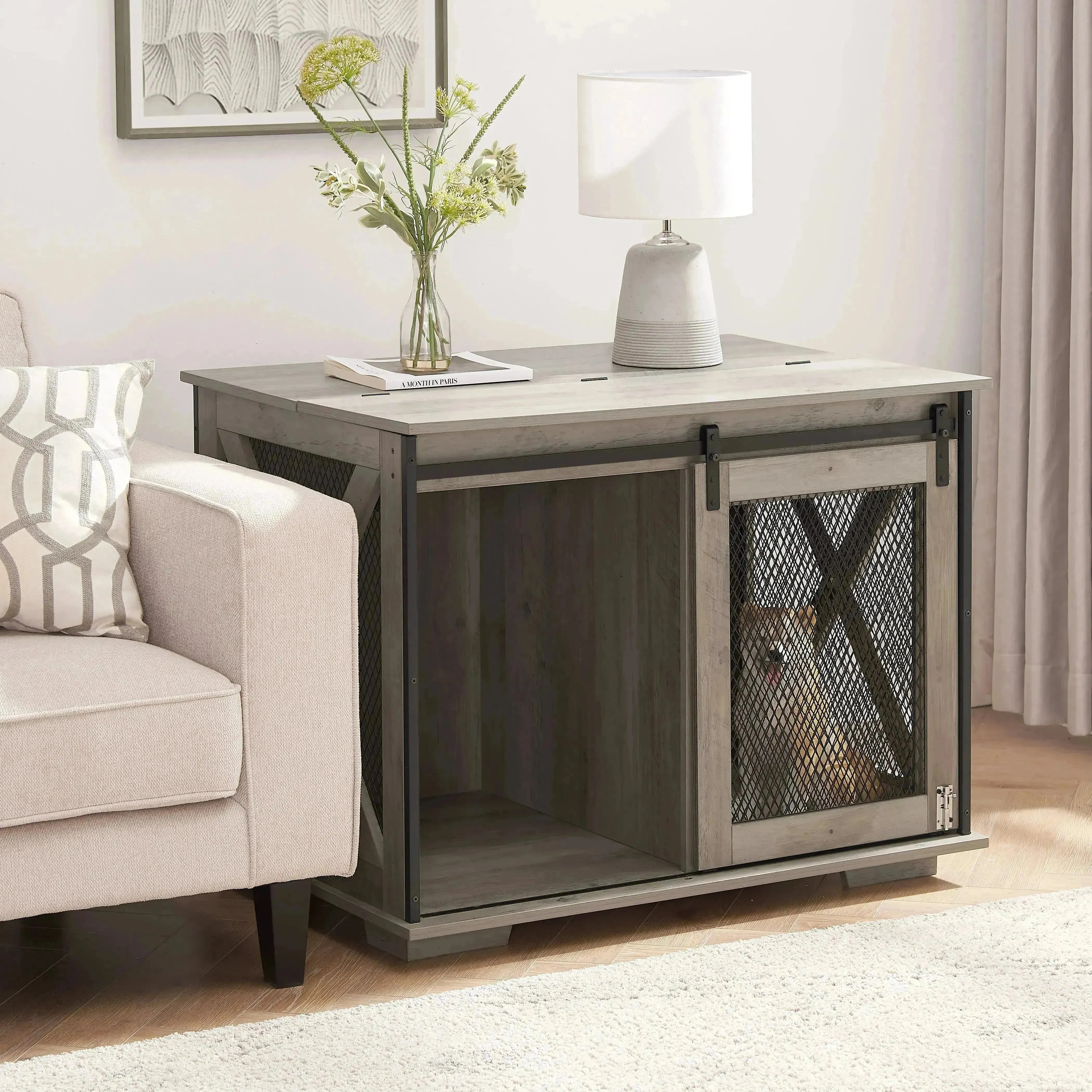 Farmhouse Dog Crate with Sliding Barn Door, Gray Wash