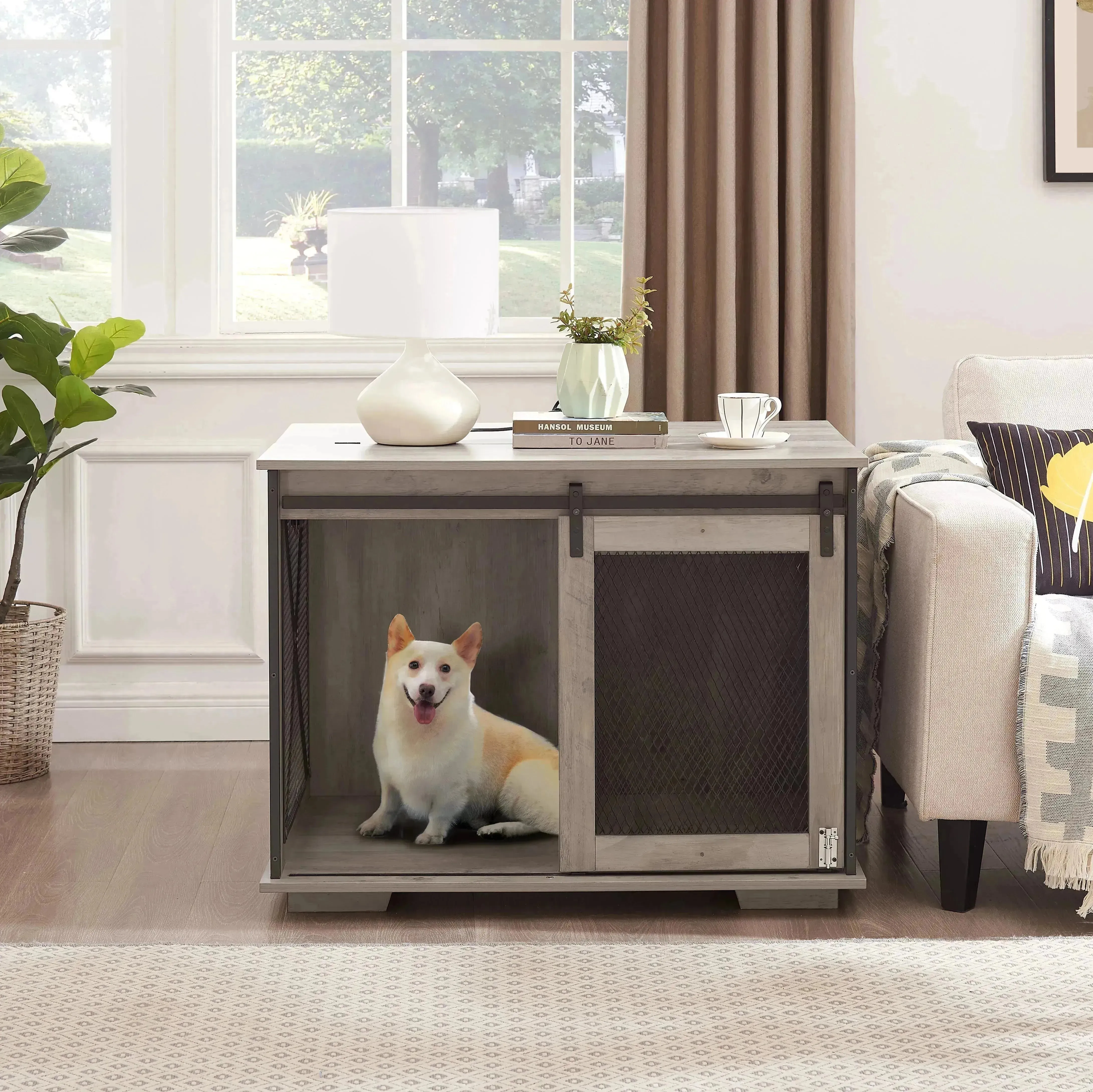 Farmhouse Dog Crate with Sliding Barn Door, Gray Wash