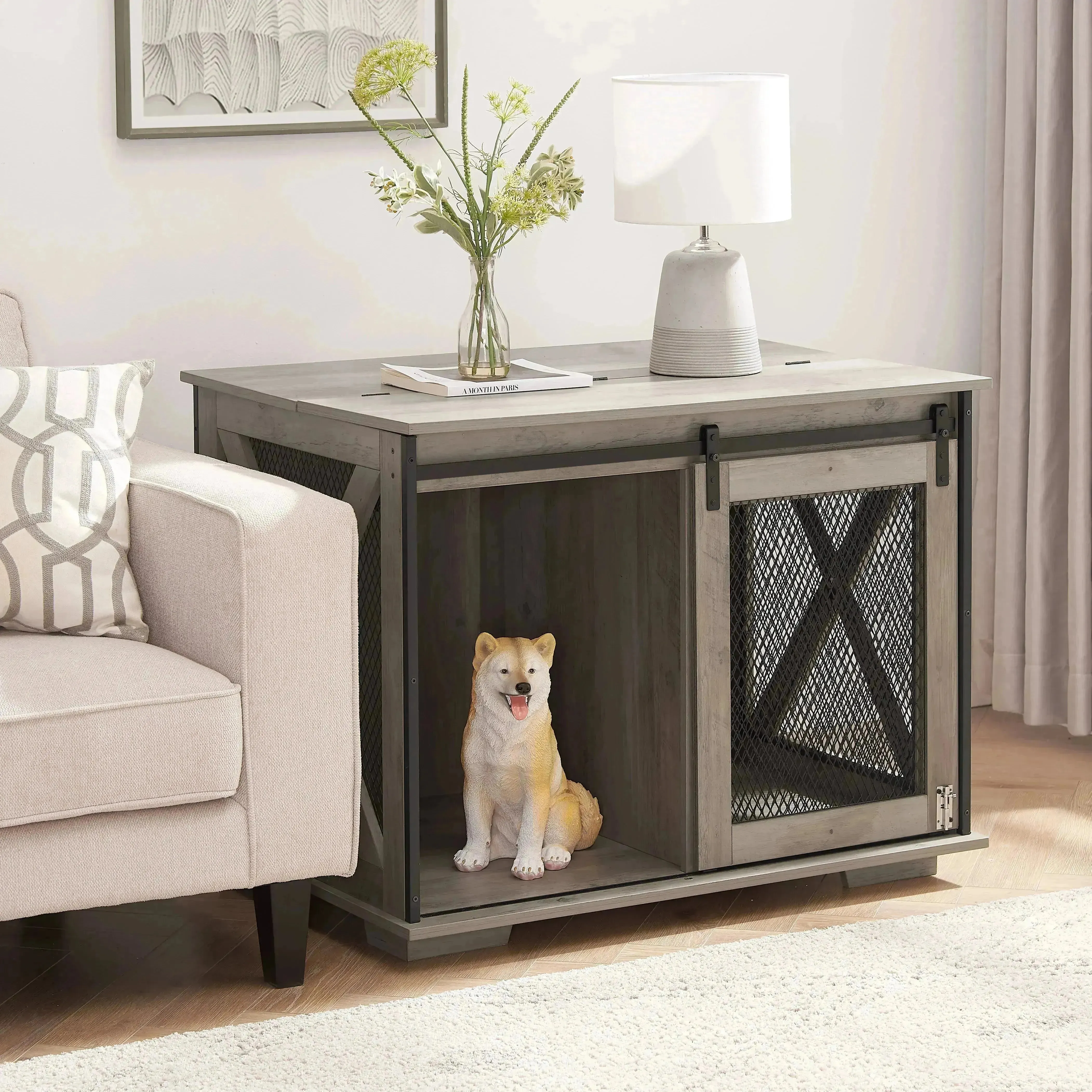 Farmhouse Dog Crate with Sliding Barn Door, Gray Wash