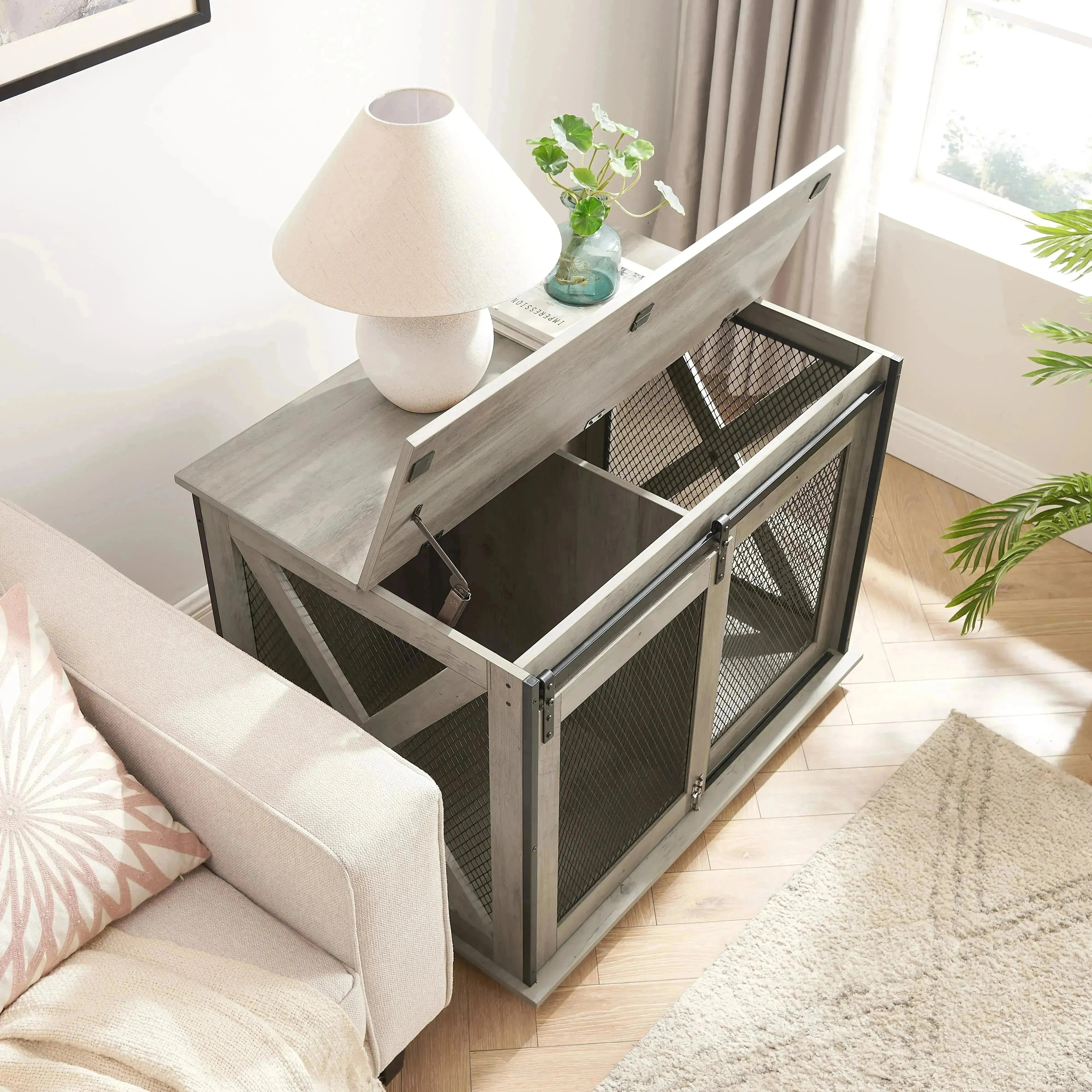Farmhouse Dog Crate with Sliding Barn Door, Gray Wash