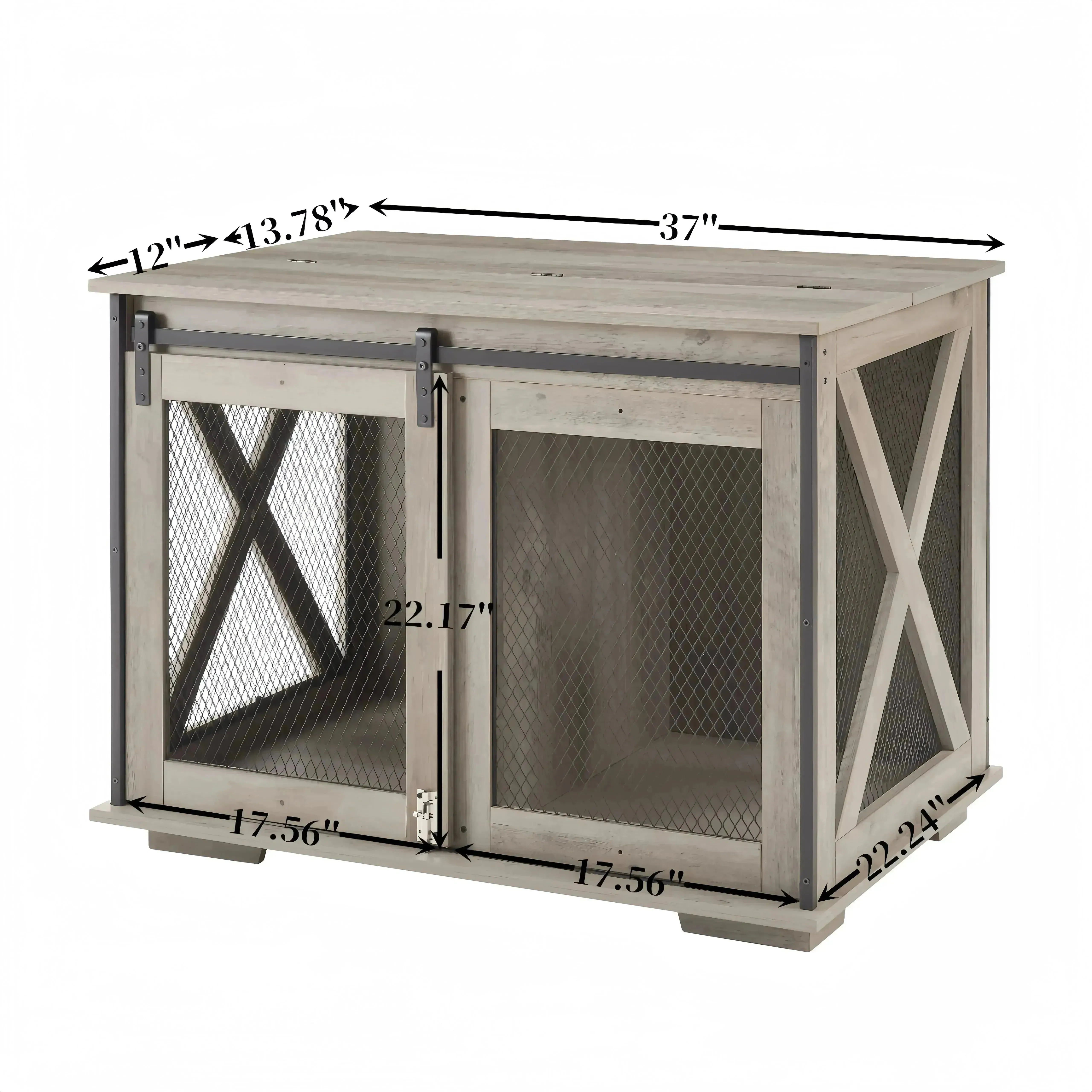 Farmhouse Dog Crate with Sliding Barn Door, Gray Wash