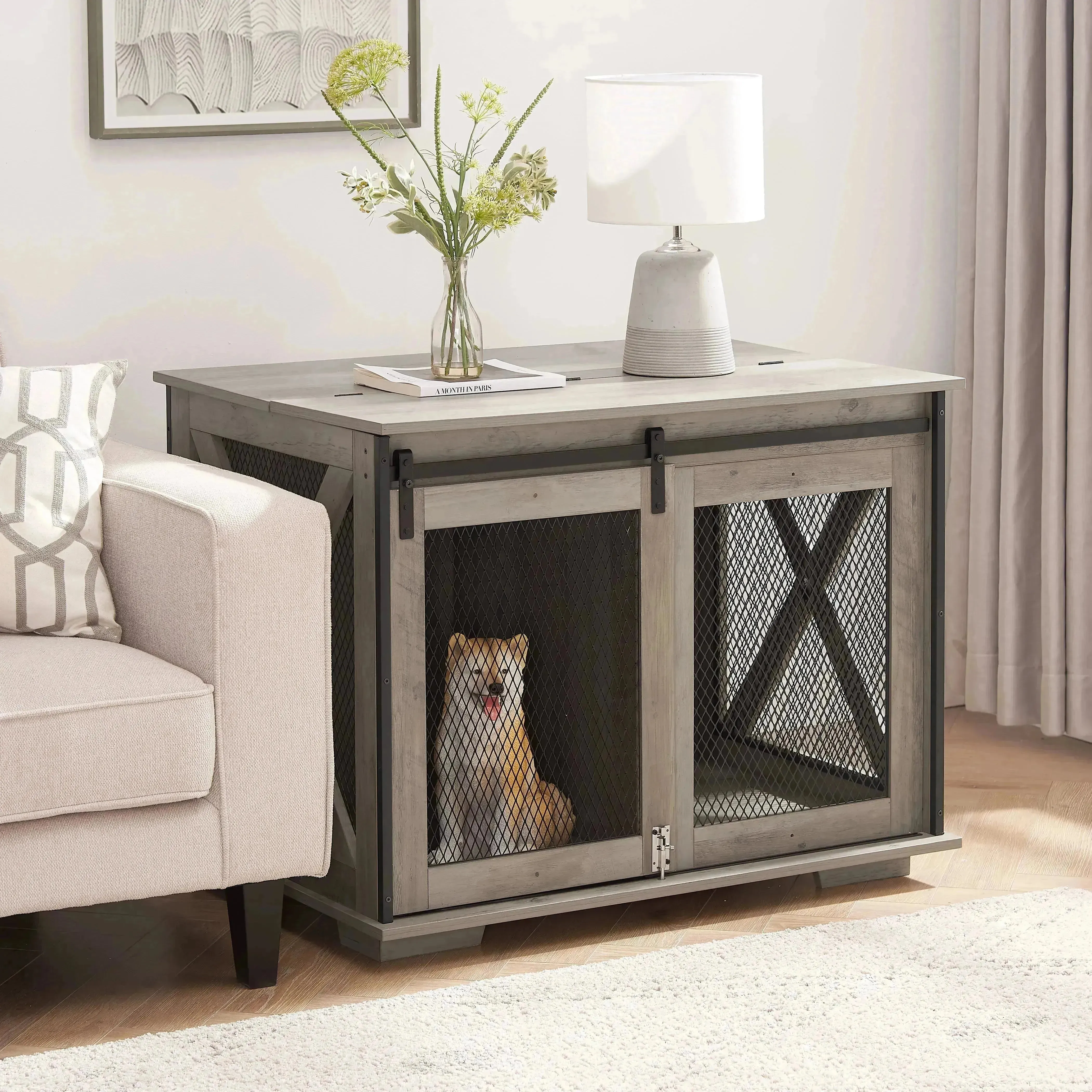 Farmhouse Dog Crate with Sliding Barn Door, Gray Wash