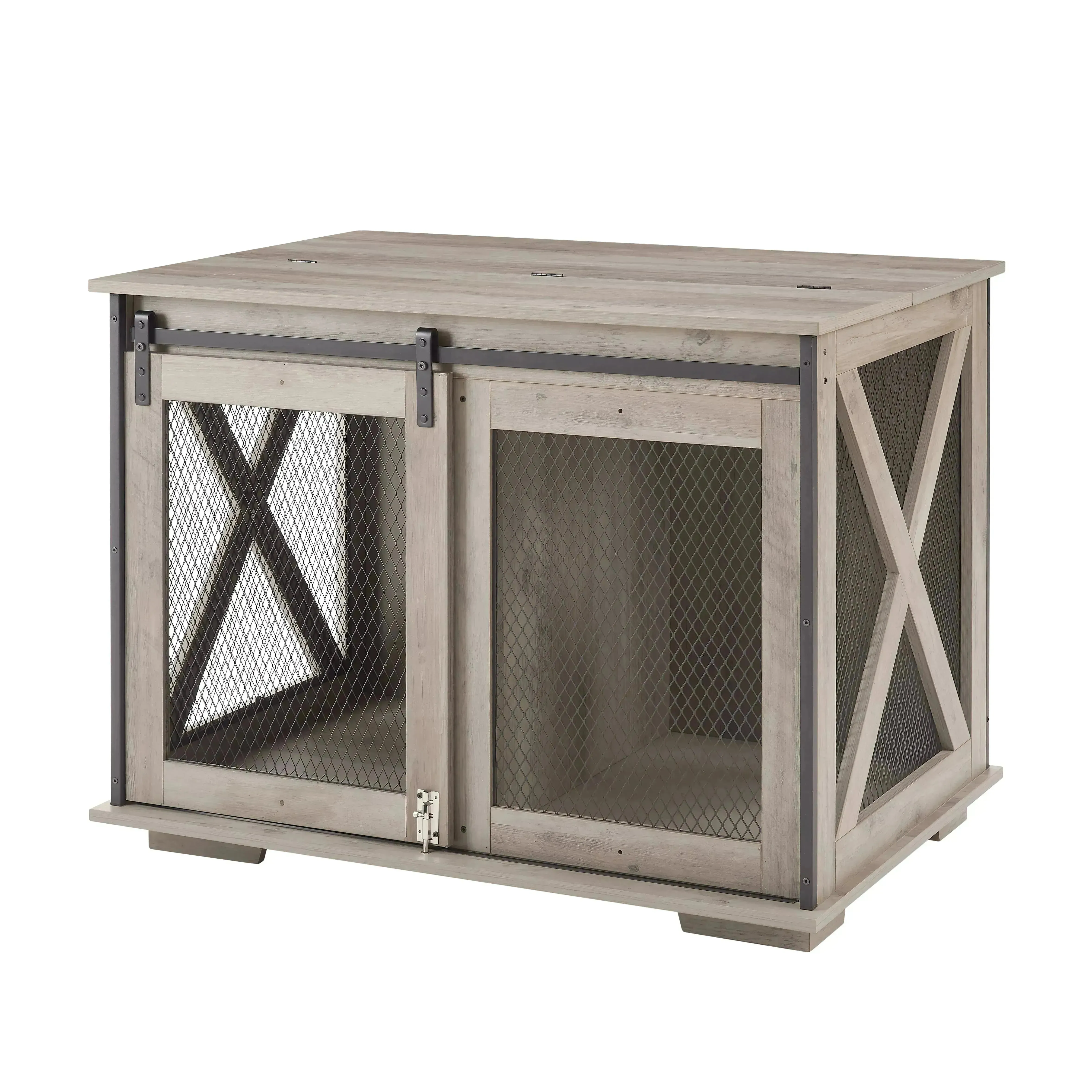 Farmhouse Dog Crate with Sliding Barn Door, Gray Wash