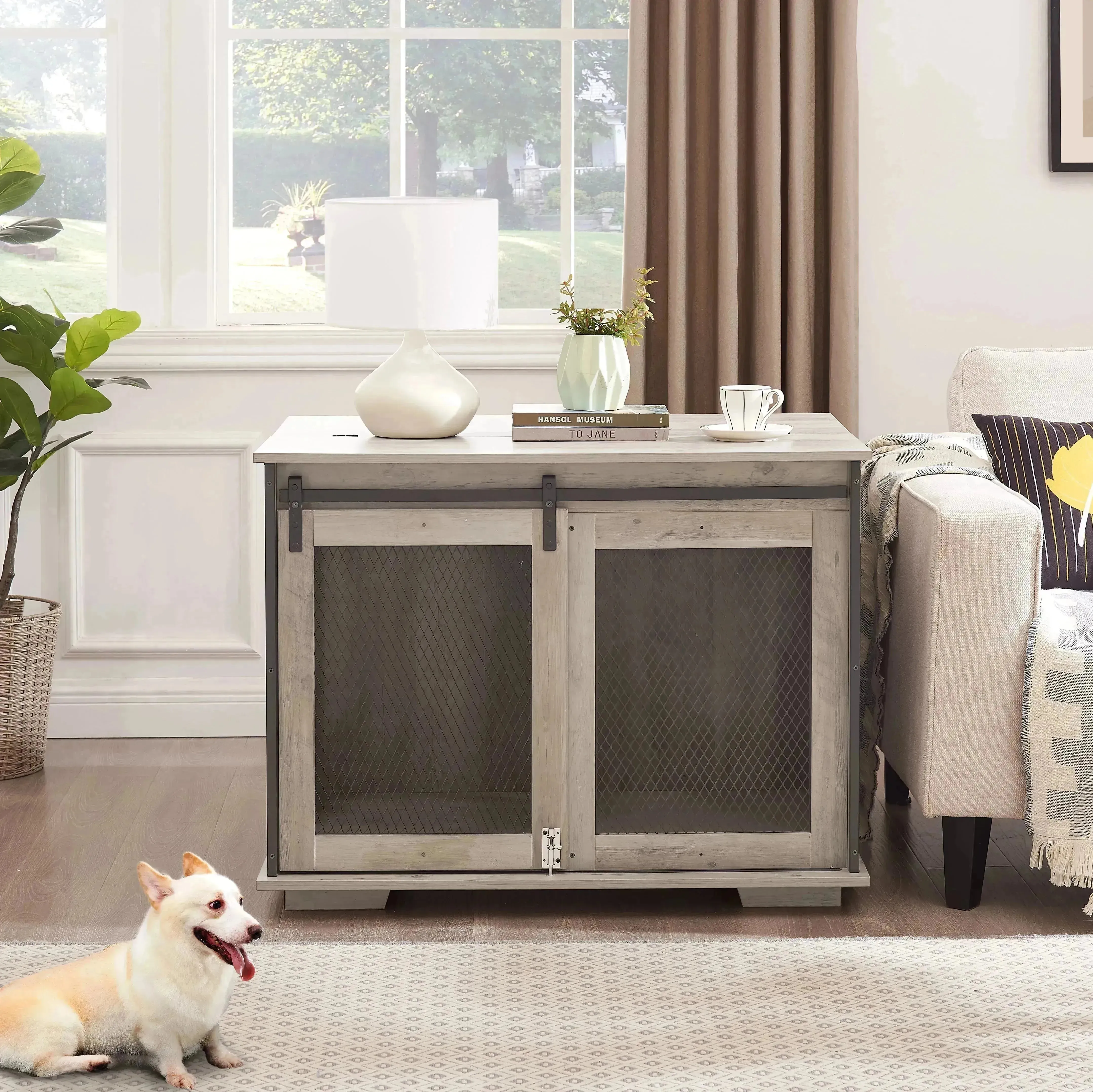 Farmhouse Dog Crate with Sliding Barn Door, Gray Wash