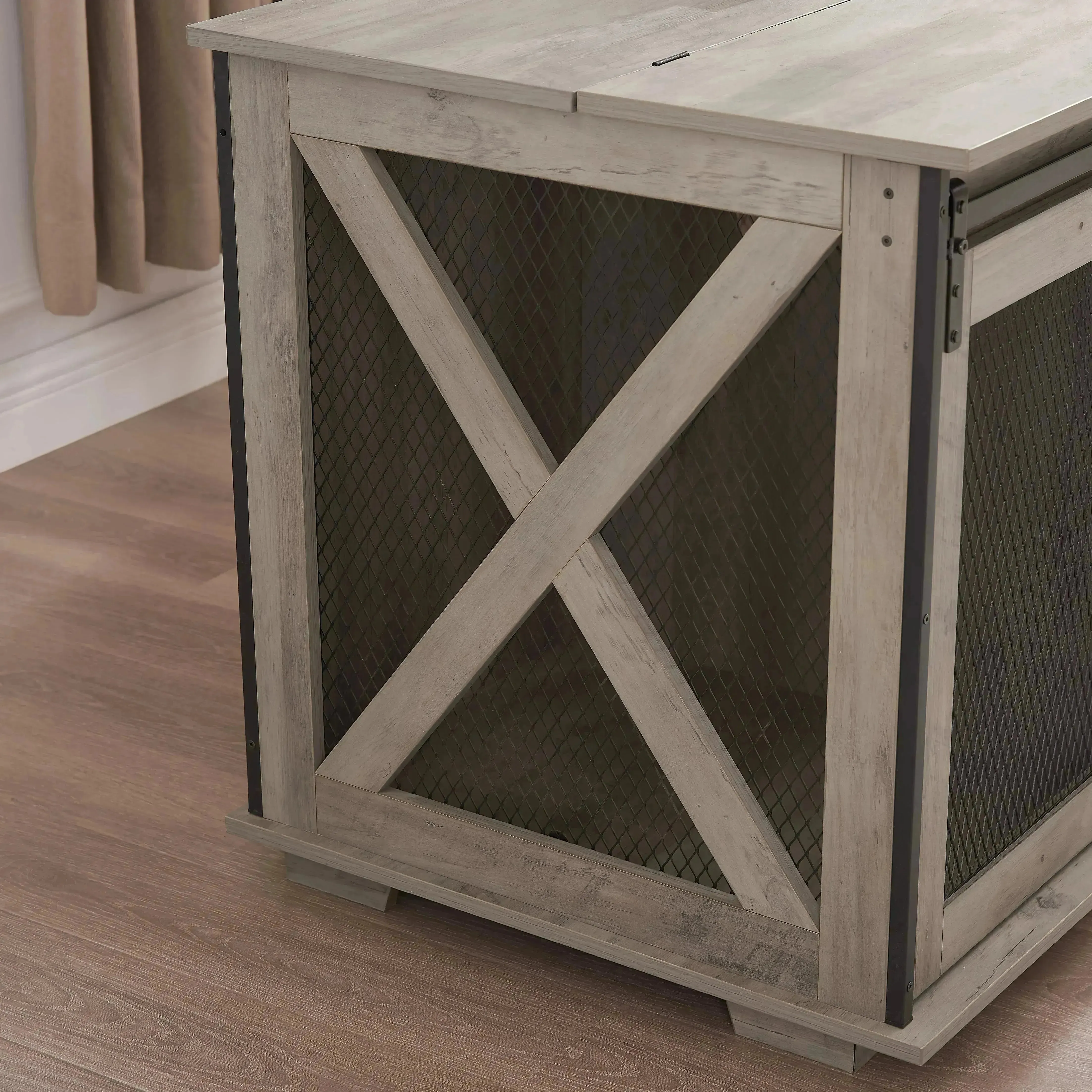 Farmhouse Dog Crate with Sliding Barn Door, Gray Wash