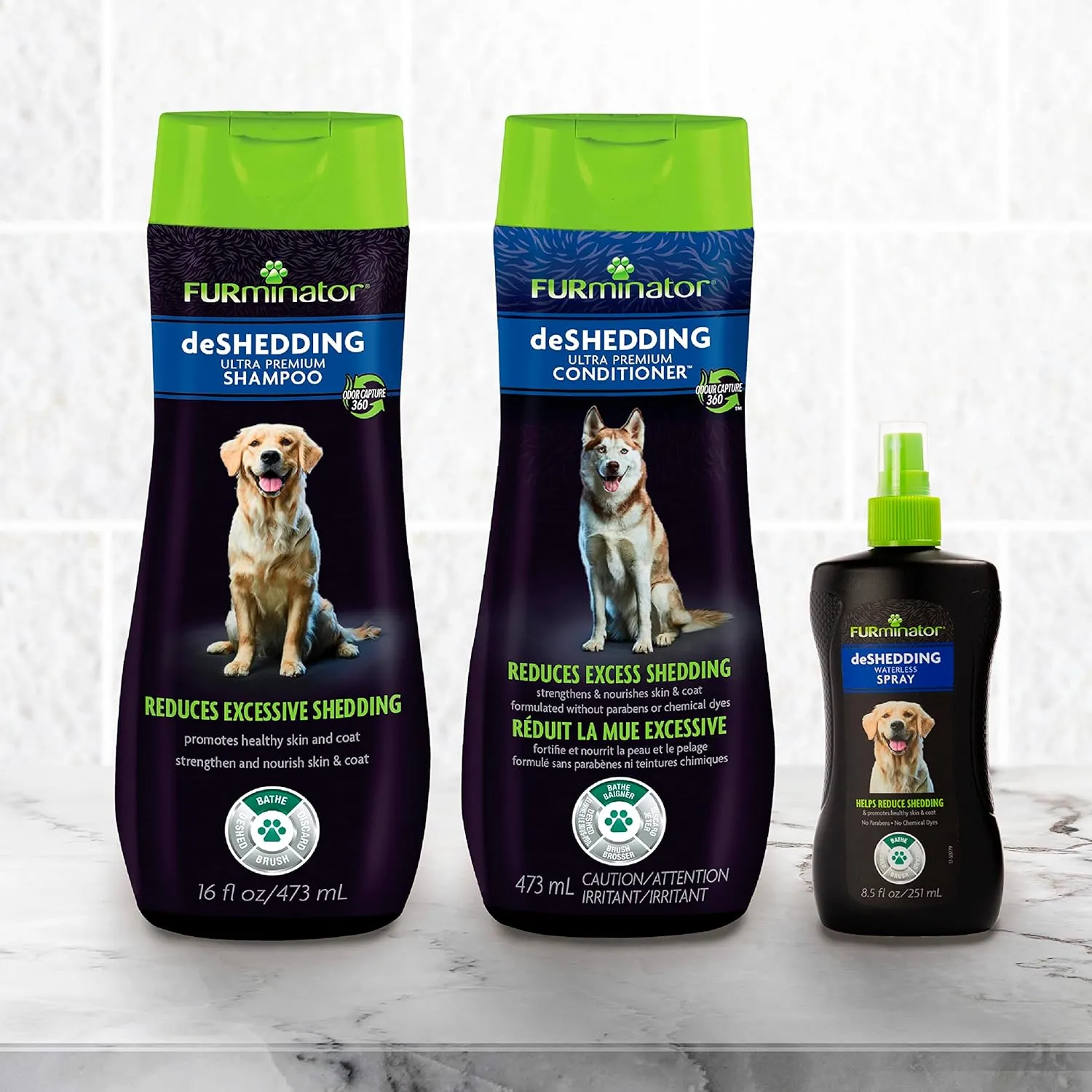 FURminator deShedding Kit, deShedding Shampoo, deShedding Conditioner, deShedding Waterless Spray, For Dogs, 40.5 oz (Set of 3)