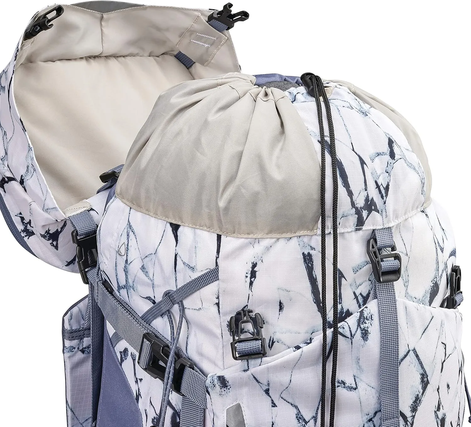 High Sierra Pathway 2.0 Backpack with Hydration Storage Sleeve, for Hiking, Biking, Camping, Traveling, White Cracked Ice/Grey Blue, 60L