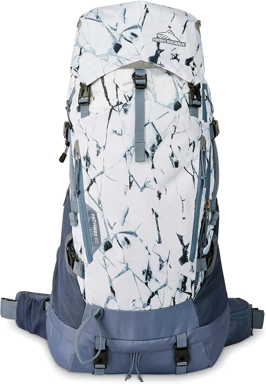High Sierra Pathway 2.0 Backpack with Hydration Storage Sleeve, for Hiking, Biking, Camping, Traveling, White Cracked Ice/Grey Blue, 60L