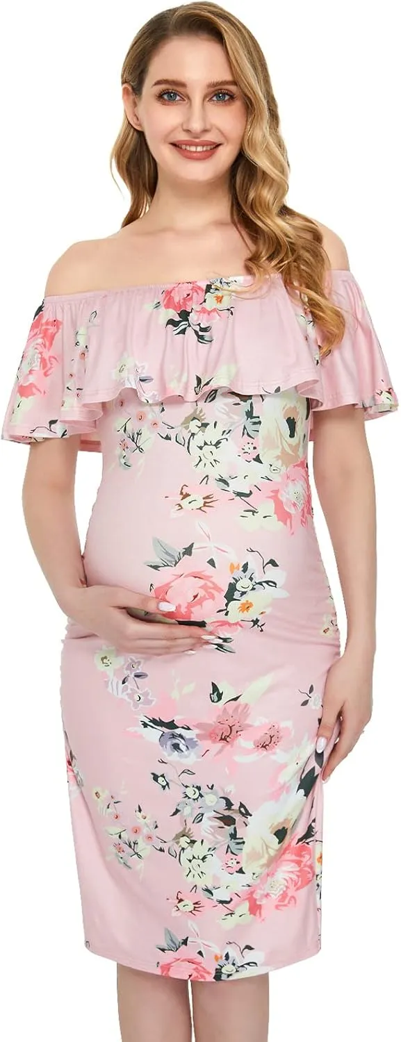 Jezero Women's Maternity Dress Off Shoulder Ruffle Sleeveless Bodycon Dress for Baby Shower