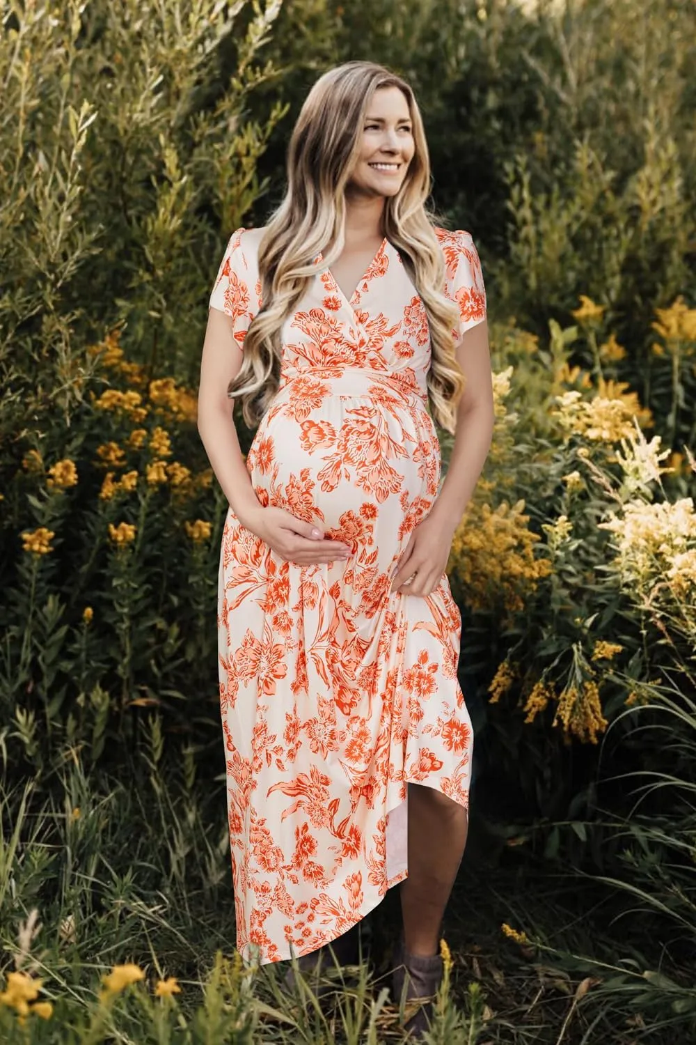OUGES Maternity Maxi Dress Wrap V Neck Baby Shower Pregnancy Dresses for Photoshoot