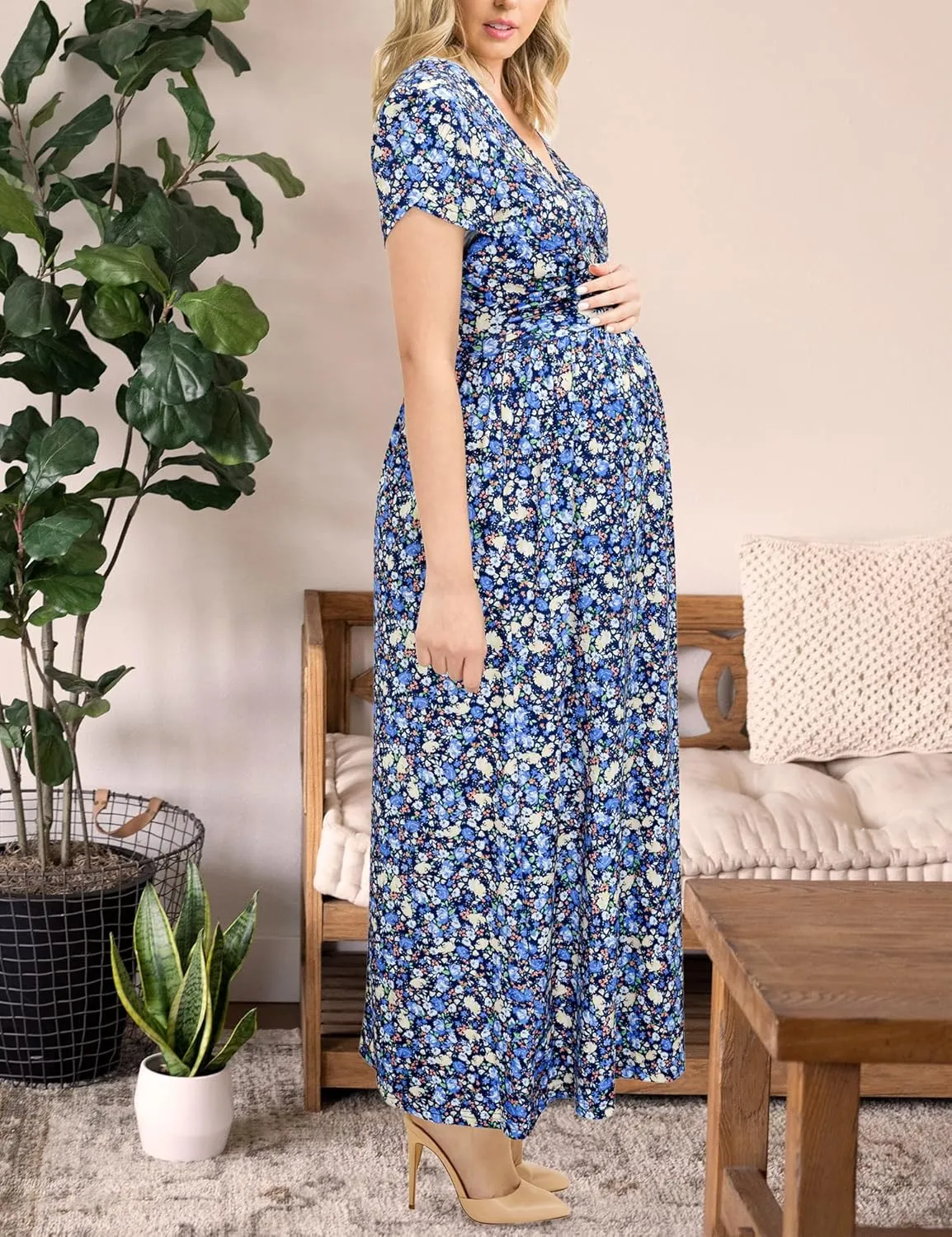 OUGES Maternity Maxi Dress Wrap V Neck Baby Shower Pregnancy Dresses for Photoshoot