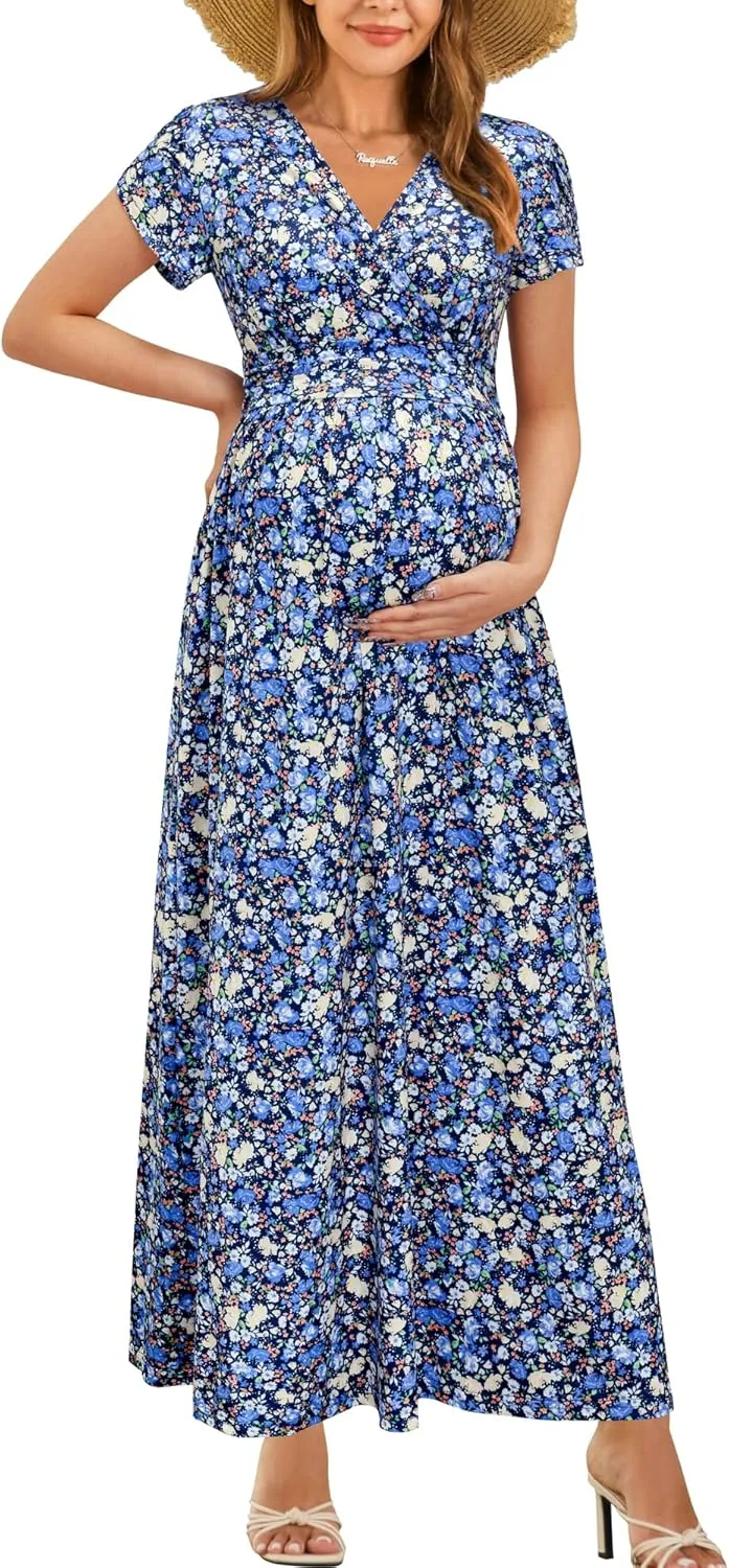 OUGES Maternity Maxi Dress Wrap V Neck Baby Shower Pregnancy Dresses for Photoshoot
