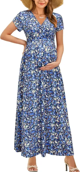 OUGES Maternity Maxi Dress Wrap V Neck Baby Shower Pregnancy Dresses for Photoshoot