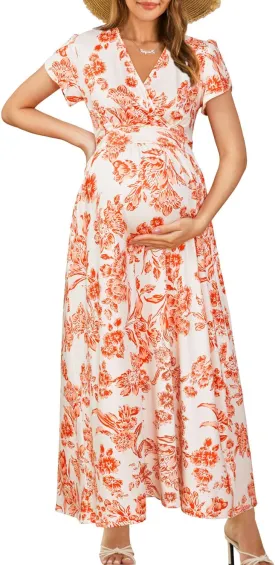 OUGES Maternity Maxi Dress Wrap V Neck Baby Shower Pregnancy Dresses for Photoshoot