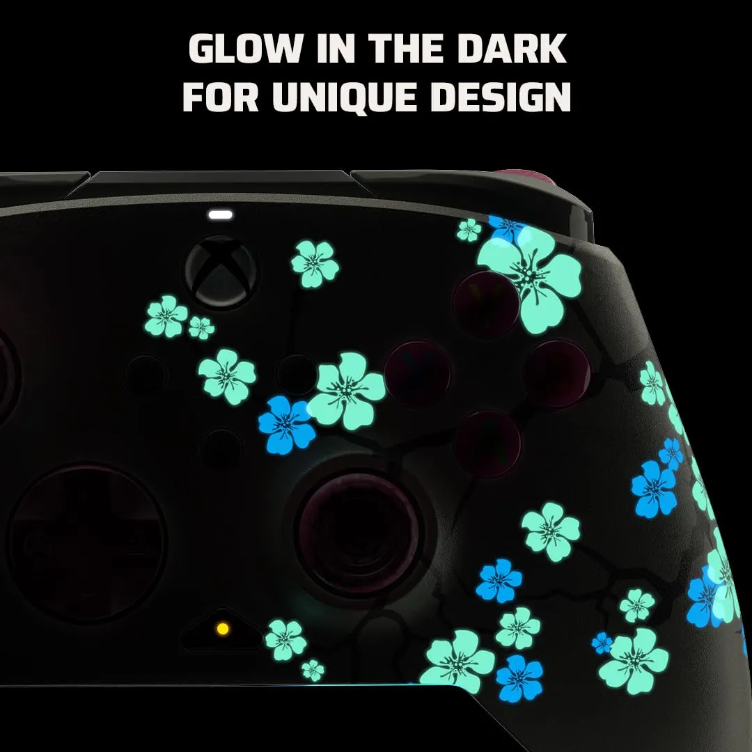 PDP Gaming REMATCH GLOW Enhanced Wired Controller: Licensed Gamepad for Xbox Series X|S, Xbox One, Windows PC, Mappable Back Buttons, Advanced Customizable App - Cherry Blossom (Pink Glow in the Dark)
