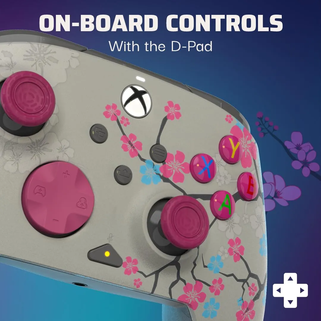PDP Gaming REMATCH GLOW Enhanced Wired Controller: Licensed Gamepad for Xbox Series X|S, Xbox One, Windows PC, Mappable Back Buttons, Advanced Customizable App - Cherry Blossom (Pink Glow in the Dark)