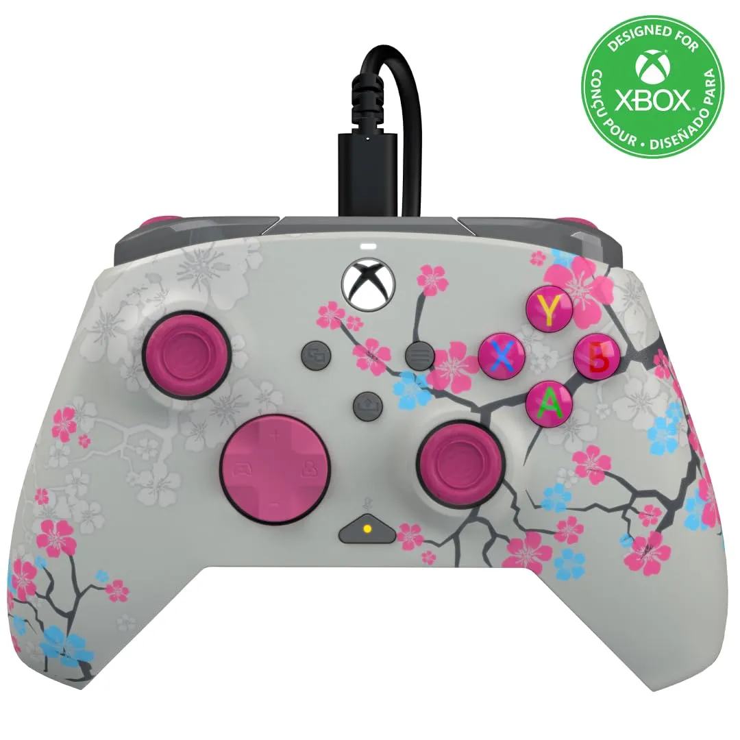 PDP Gaming REMATCH GLOW Enhanced Wired Controller: Licensed Gamepad for Xbox Series X|S, Xbox One, Windows PC, Mappable Back Buttons, Advanced Customizable App - Cherry Blossom (Pink Glow in the Dark)