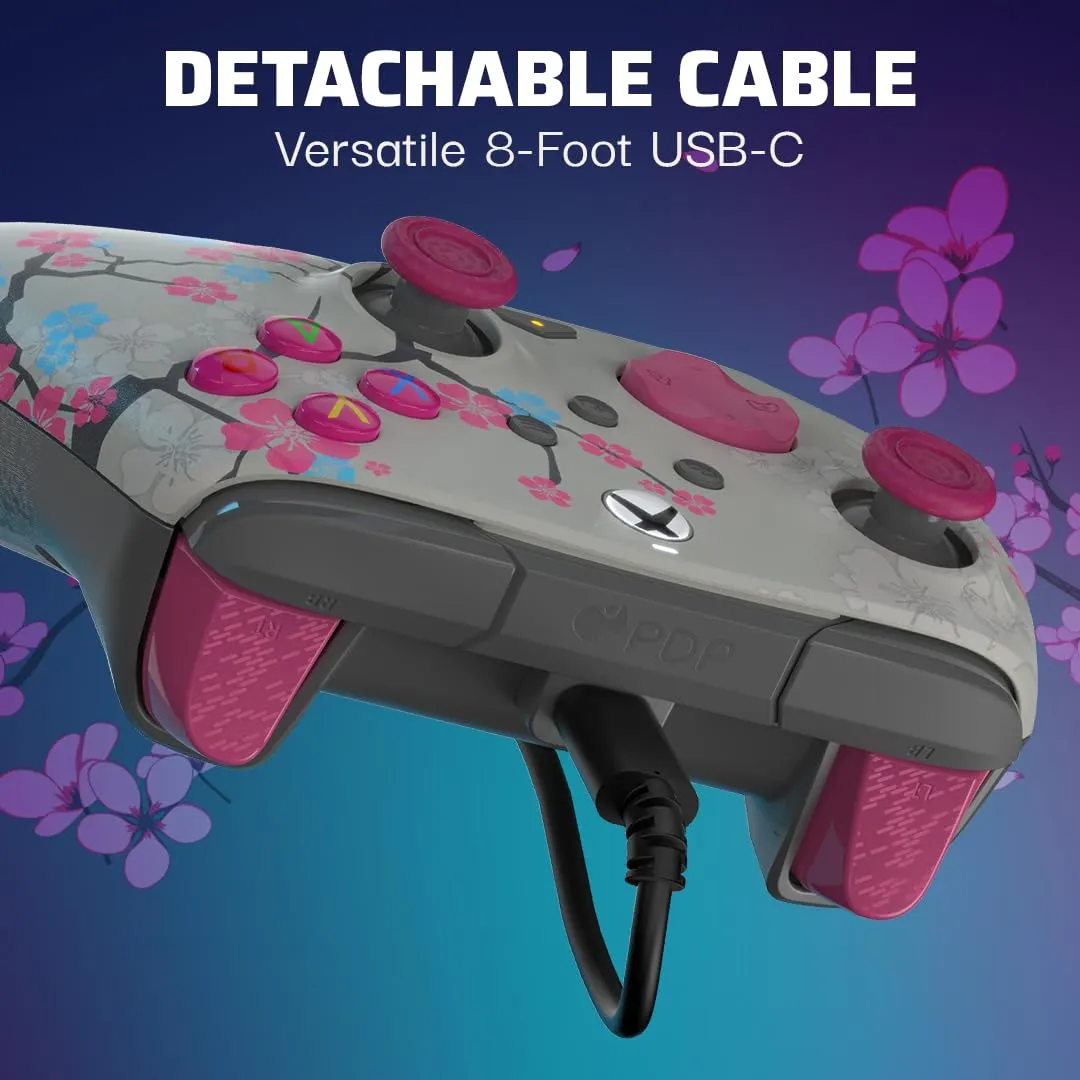 PDP Gaming REMATCH GLOW Enhanced Wired Controller: Licensed Gamepad for Xbox Series X|S, Xbox One, Windows PC, Mappable Back Buttons, Advanced Customizable App - Cherry Blossom (Pink Glow in the Dark)