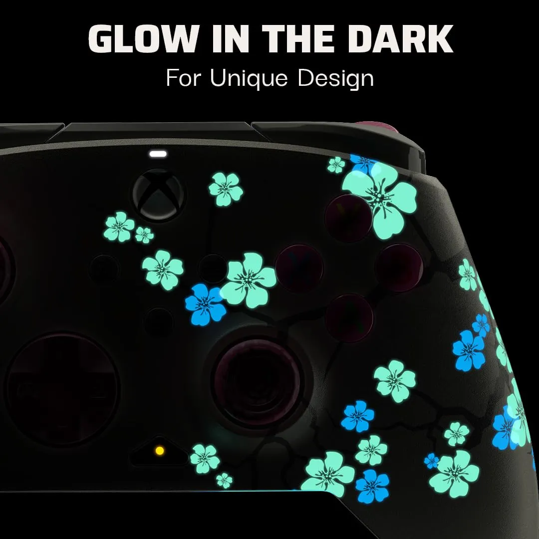 PDP Gaming REMATCH GLOW Enhanced Wired Controller: Licensed Gamepad for Xbox Series X|S, Xbox One, Windows PC, Mappable Back Buttons, Advanced Customizable App - Cherry Blossom (Pink Glow in the Dark)