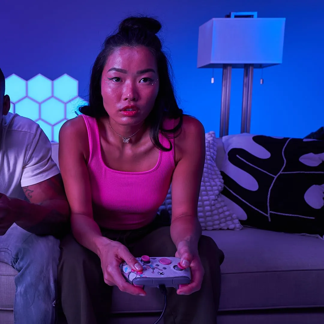 PDP Gaming REMATCH GLOW Enhanced Wired Controller: Licensed Gamepad for Xbox Series X|S, Xbox One, Windows PC, Mappable Back Buttons, Advanced Customizable App - Cherry Blossom (Pink Glow in the Dark)